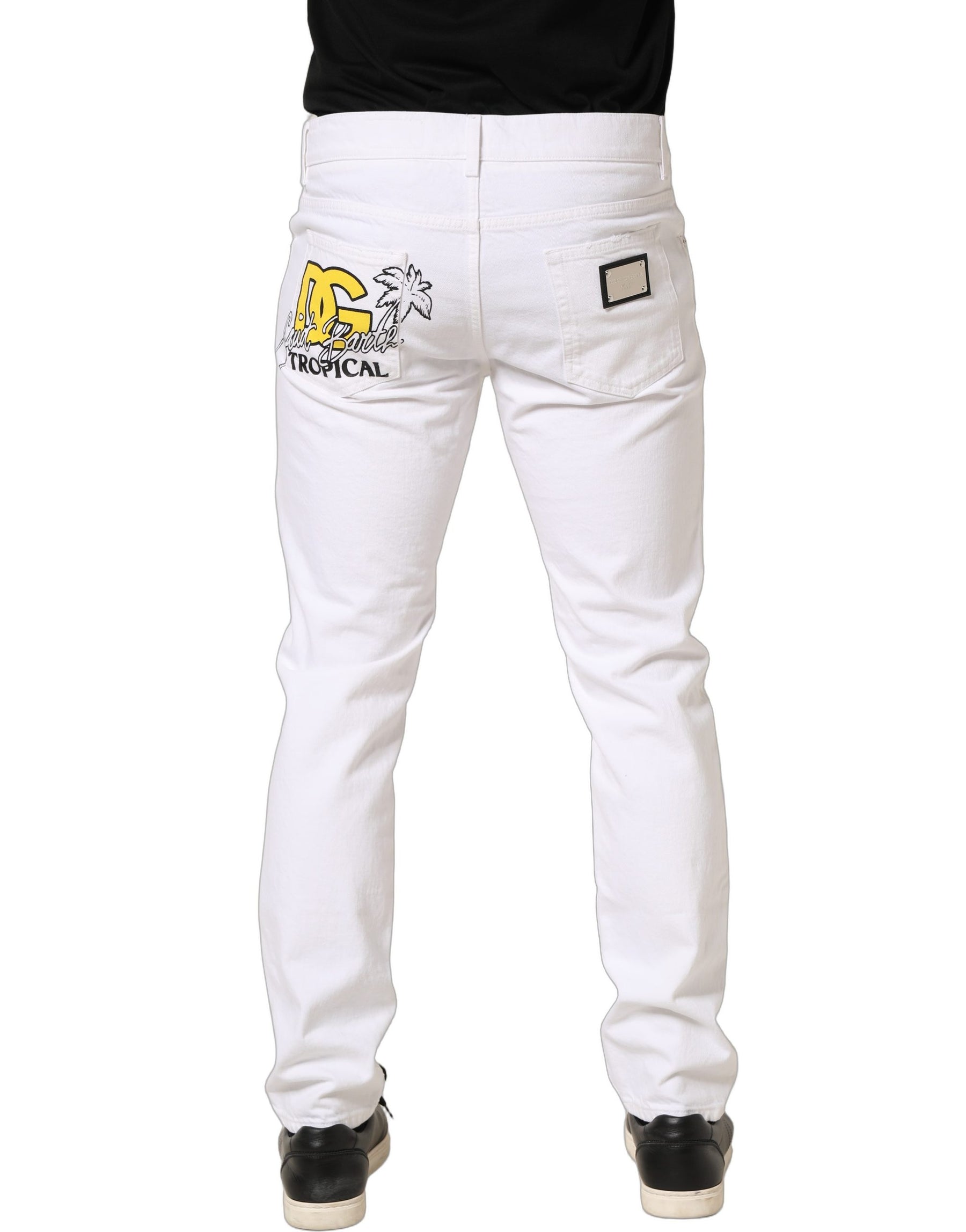 Dolce & Gabbana White Cotton Ripped Slim Fit Men Denim Jeans | Regal Royce
