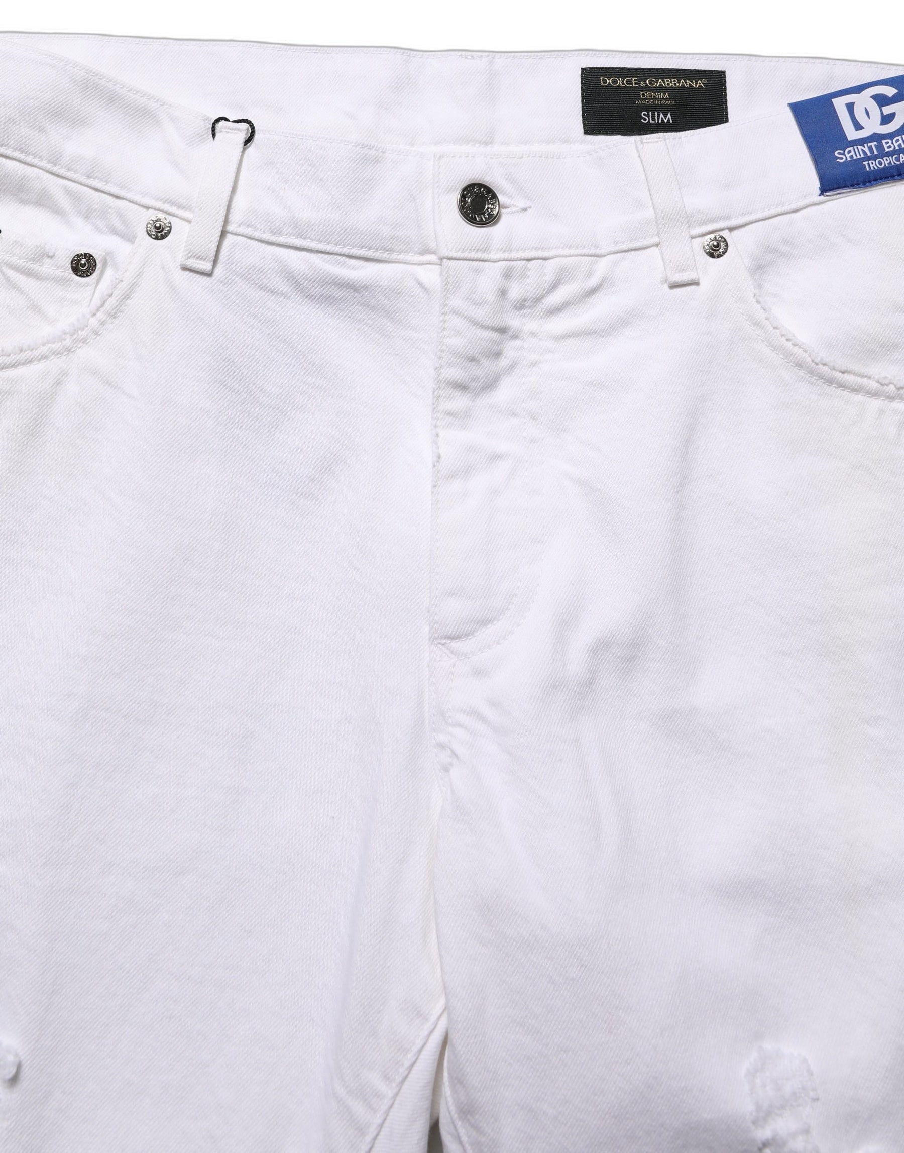 Dolce & Gabbana White Cotton Ripped Slim Fit Men Denim Jeans | Regal Royce