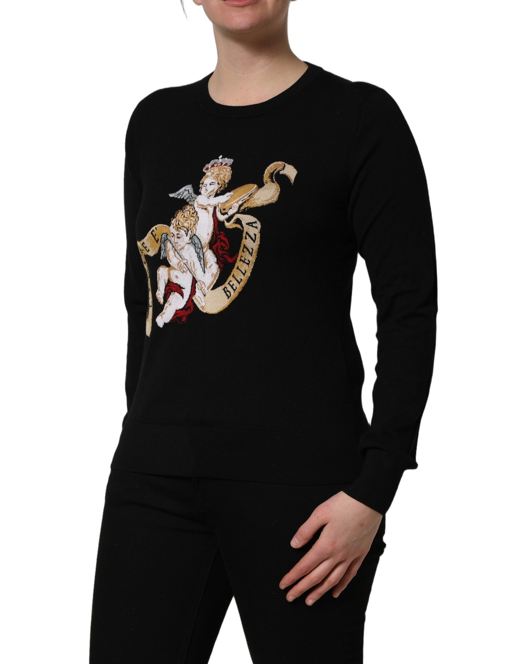 Dolce & Gabbana Black Angels Wool Crew Neck Pullover Sweater | Regal Royce