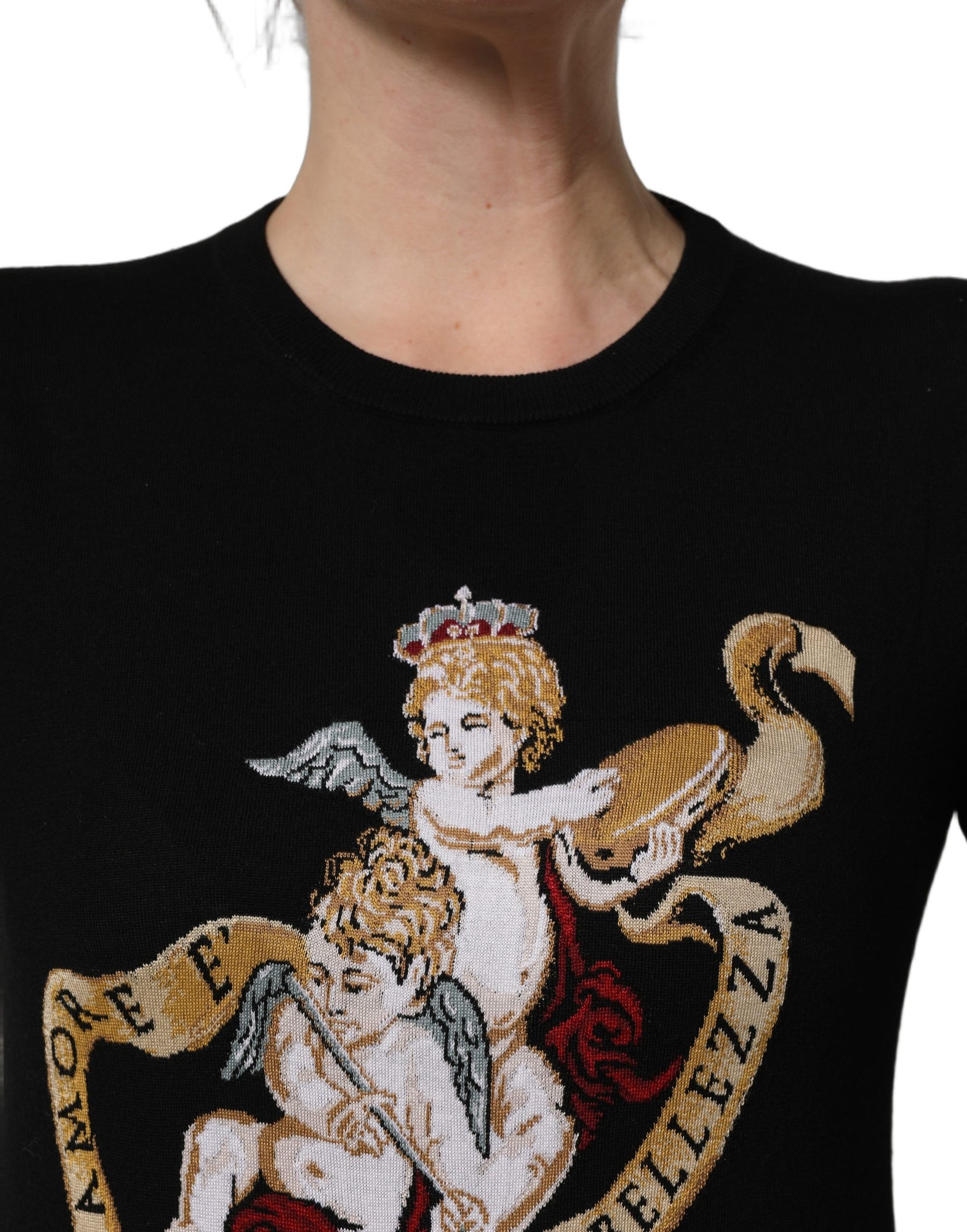 Dolce & Gabbana Black Angels Wool Crew Neck Pullover Sweater | Regal Royce