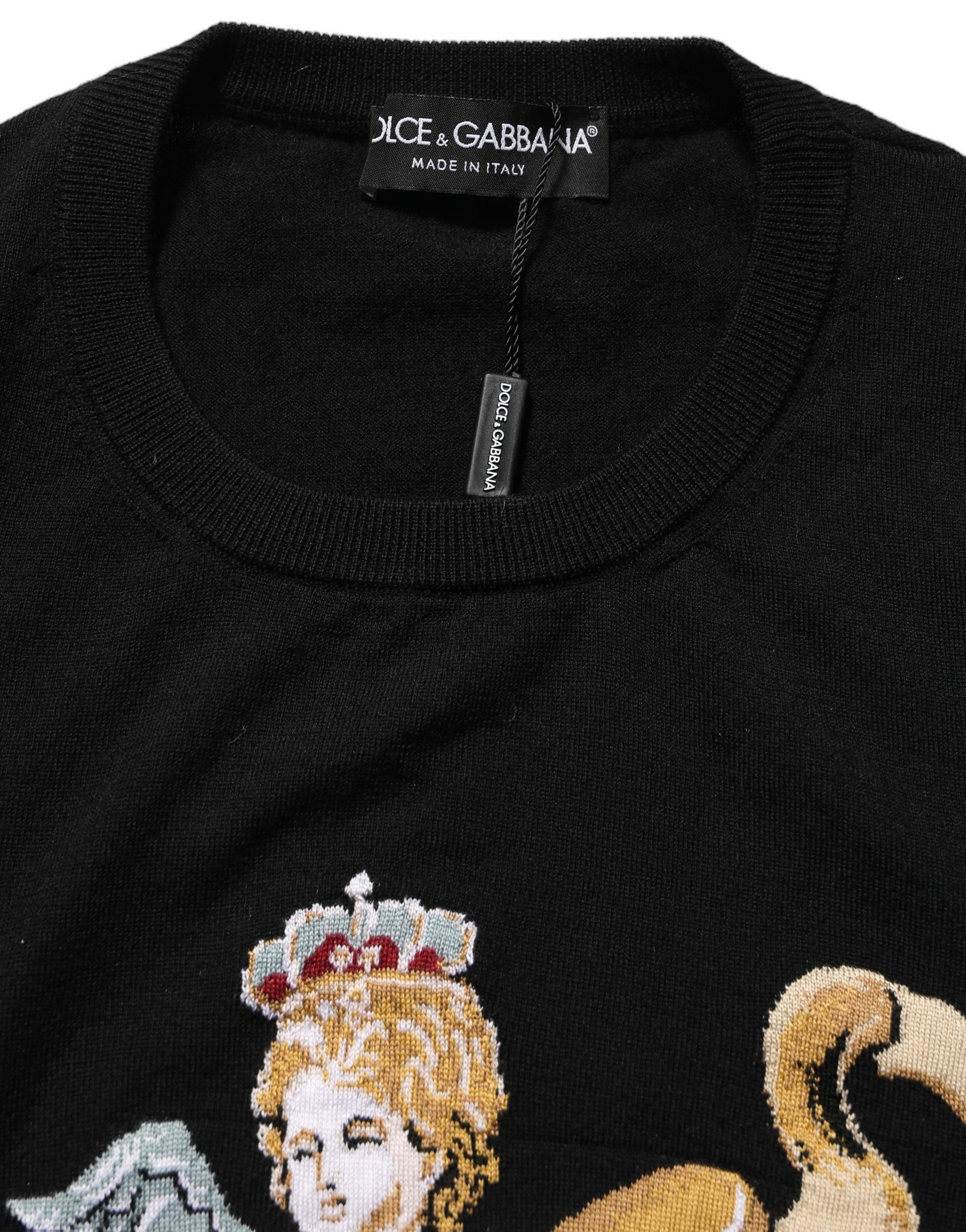 Dolce & Gabbana Black Angels Wool Crew Neck Pullover Sweater | Regal Royce