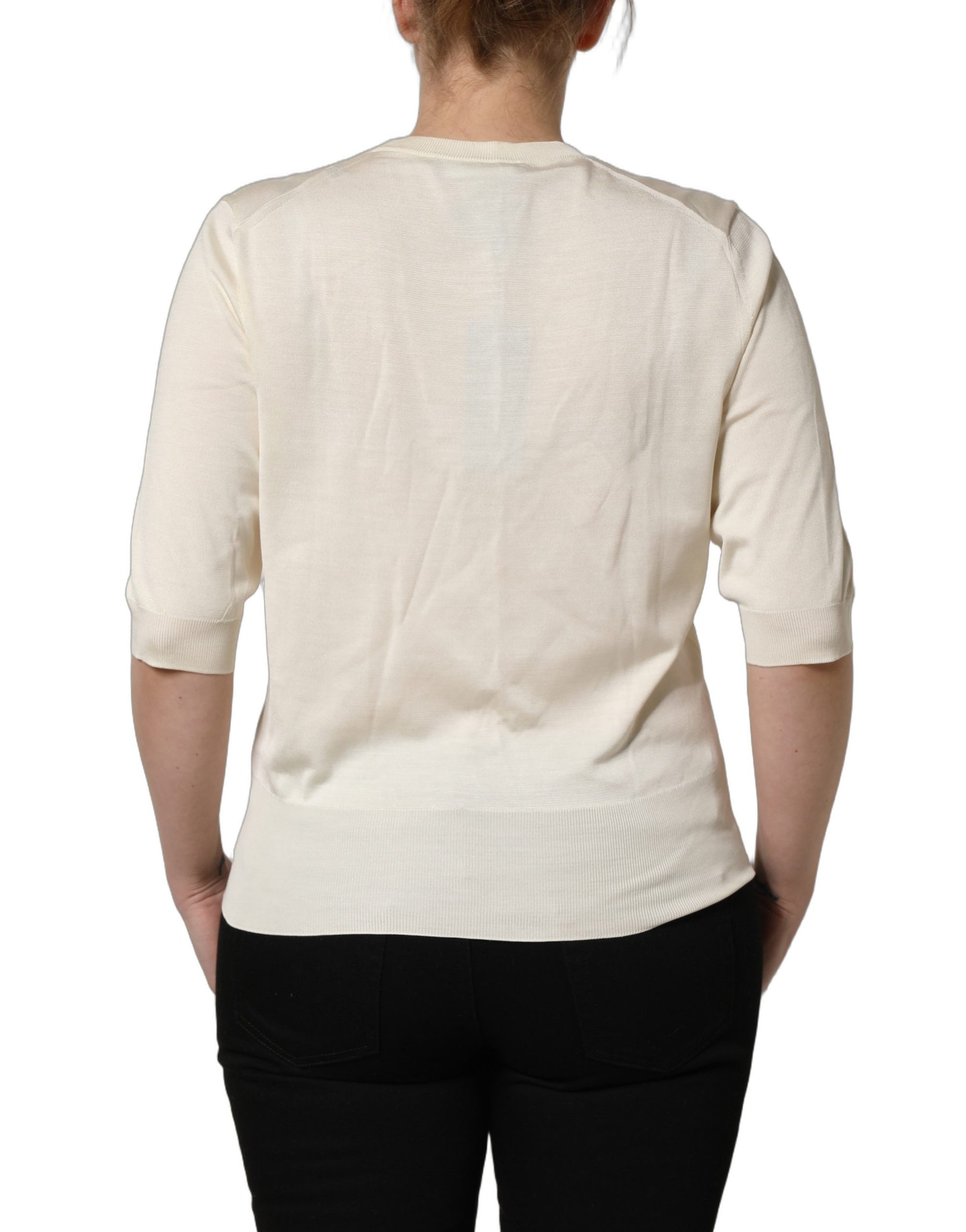 Dolce & Gabbana Off White 3/4 Sleeves Crewneck Pullover Sweater | Regal Royce