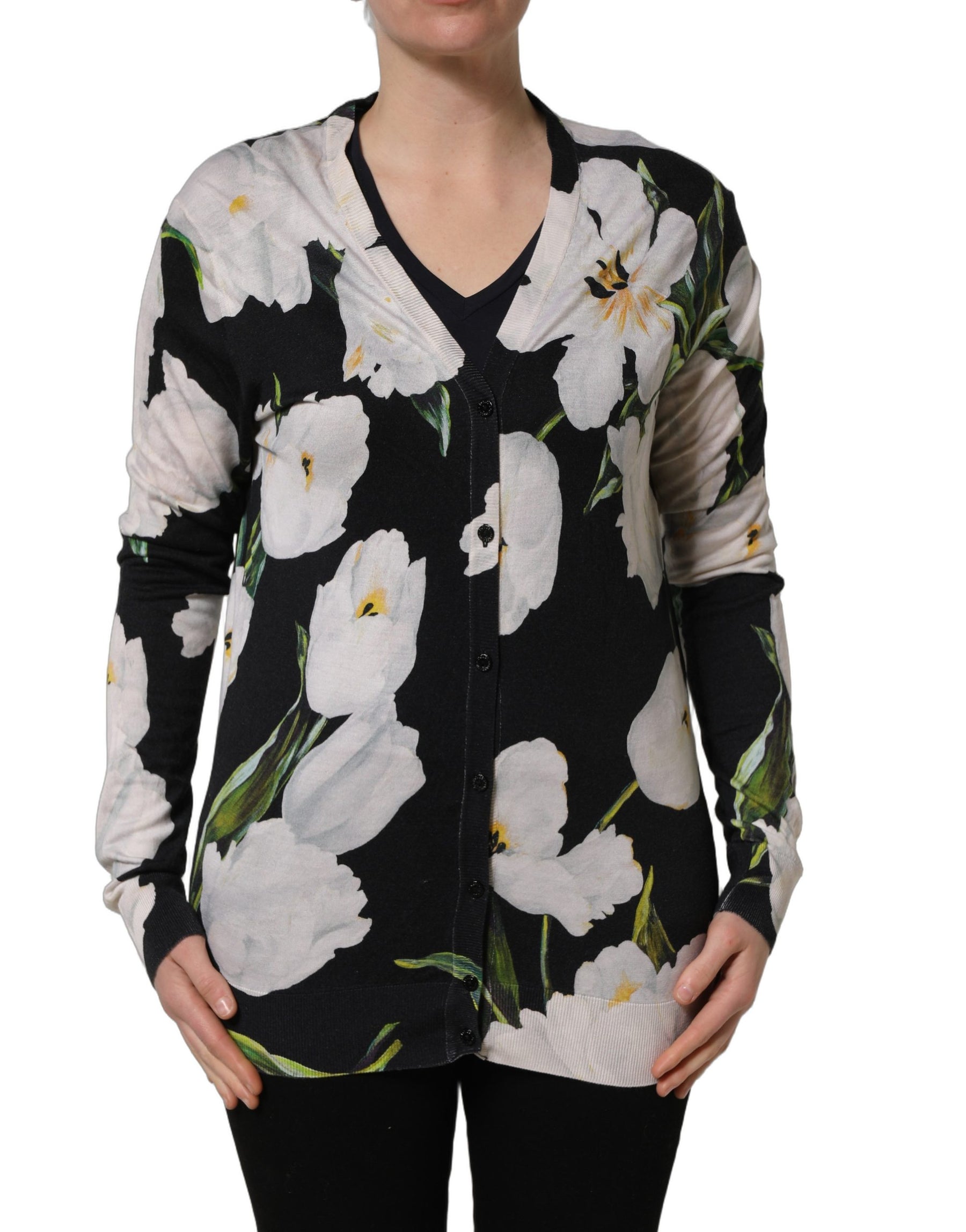 Dolce & Gabbana Black Floral Cashmere Silk Cardigan Sweater | Regal Royce
