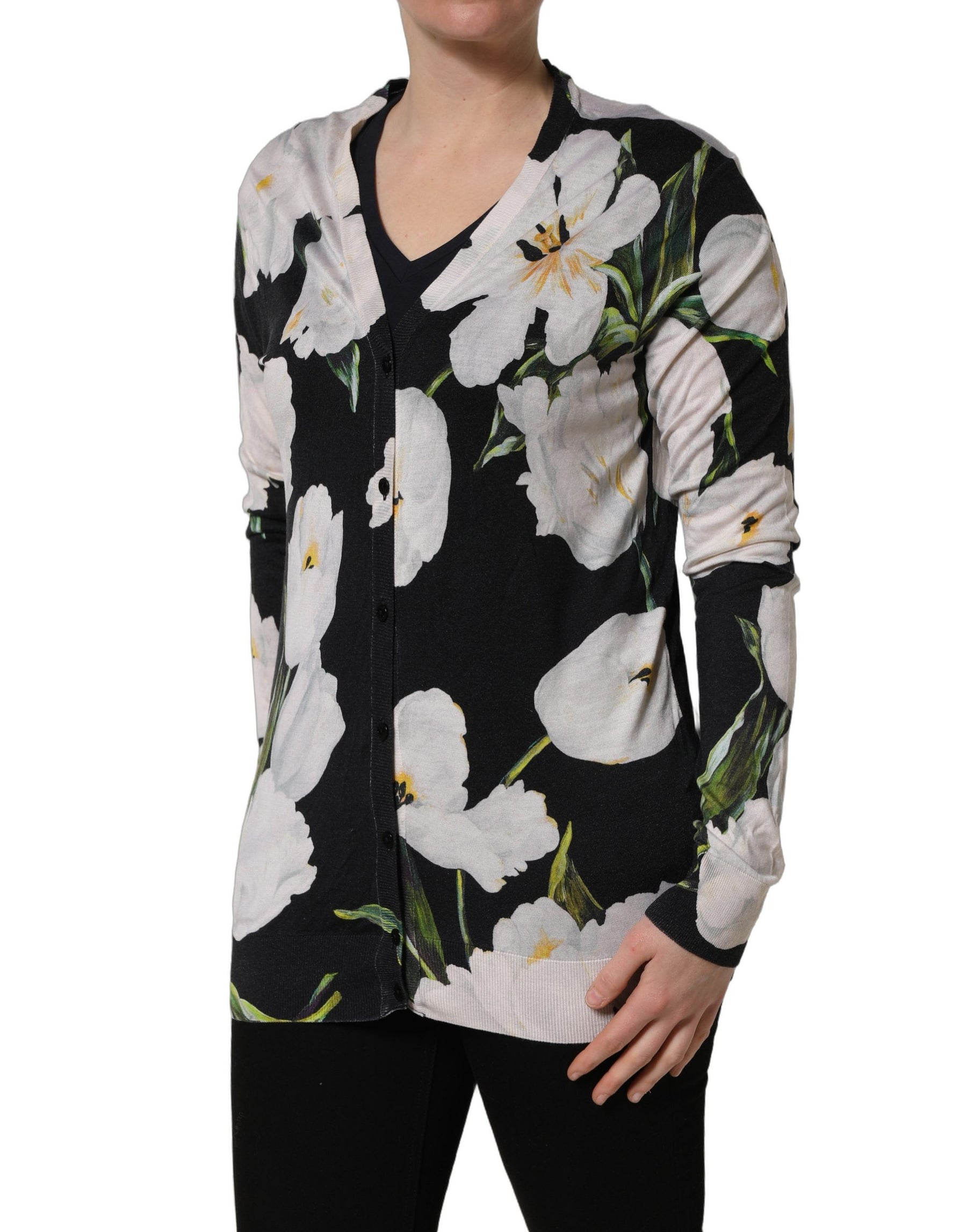 Dolce & Gabbana Black Floral Cashmere Silk Cardigan Sweater | Regal Royce