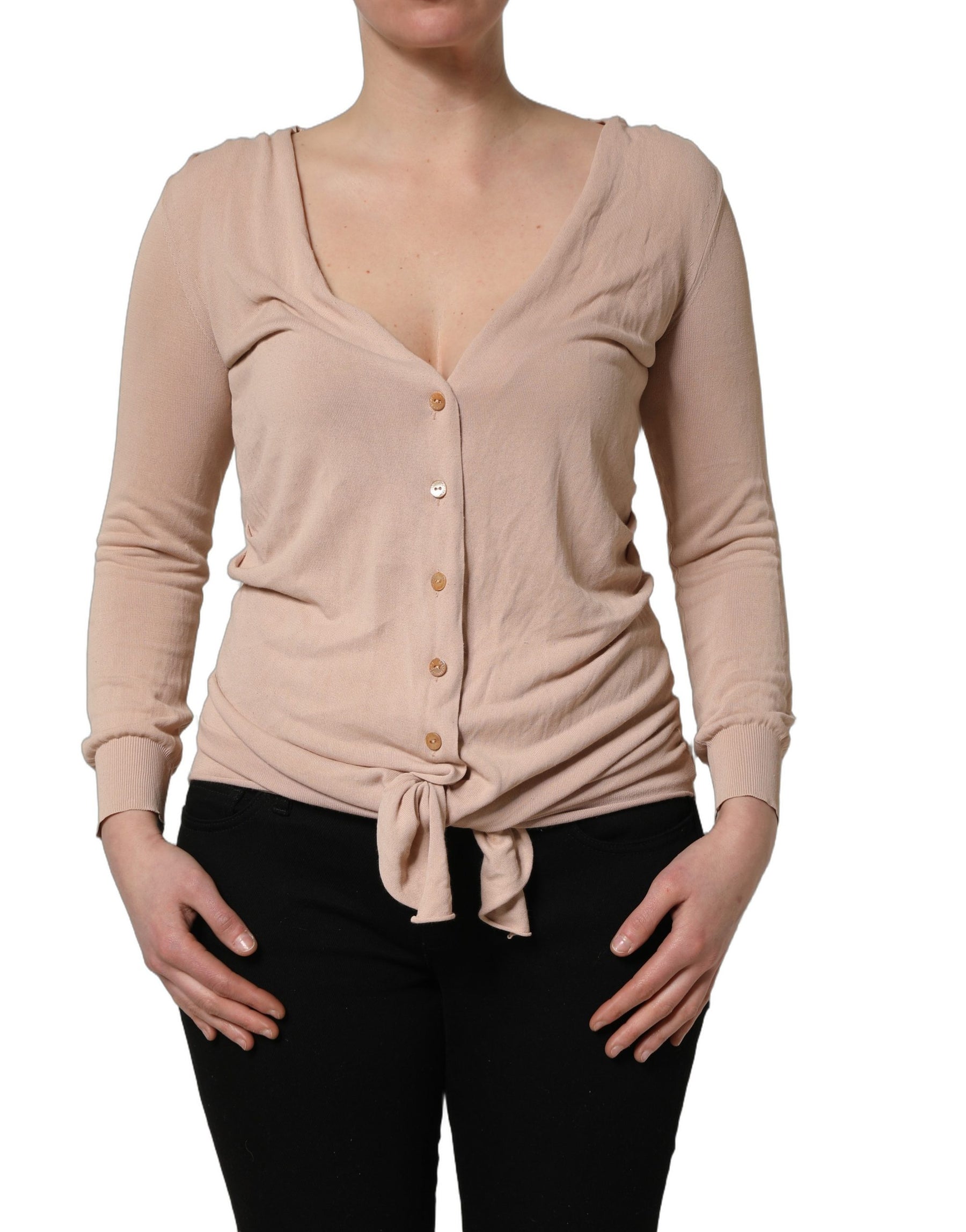 Dolce & Gabbana Beige Ribbed V-neck Front Tie Cardigan Sweater | Regal Royce