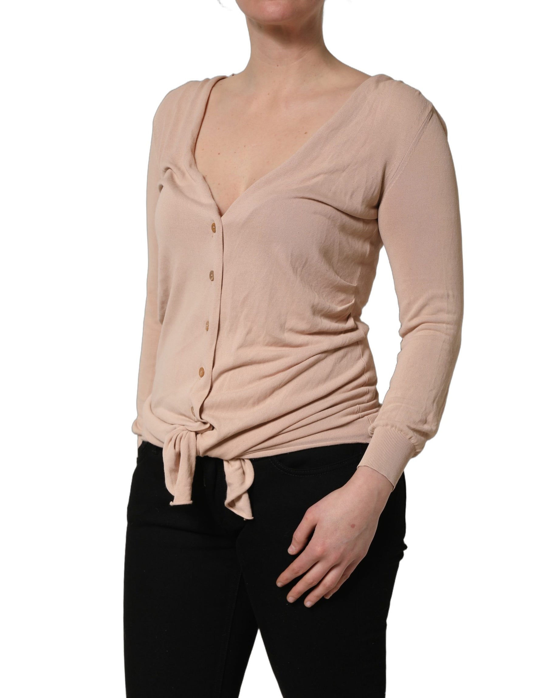 Dolce & Gabbana Beige Ribbed V-neck Front Tie Cardigan Sweater | Regal Royce