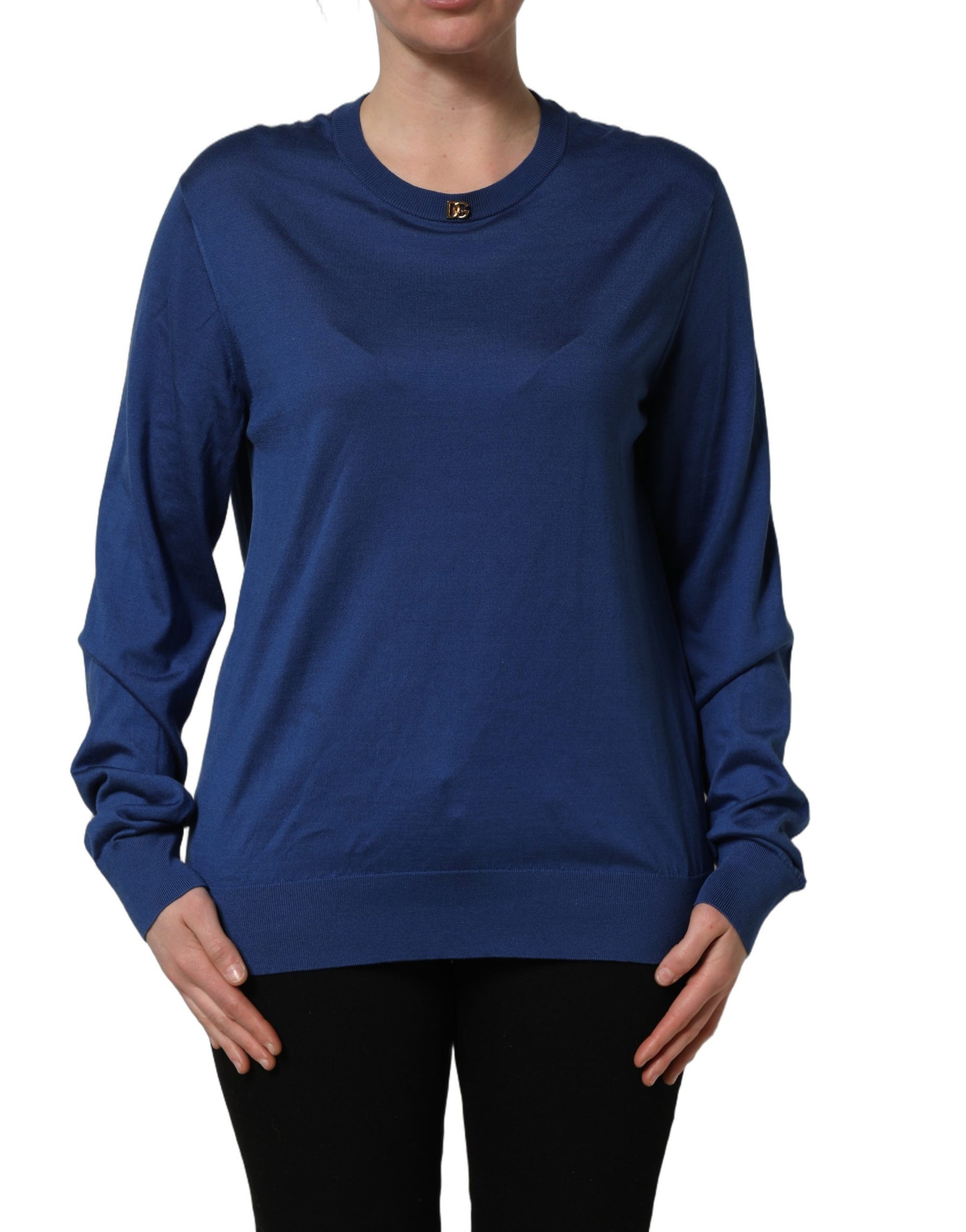Dolce & Gabbana Blue Silk DG Logo Crew Neck Pullover Sweater | Regal Royce