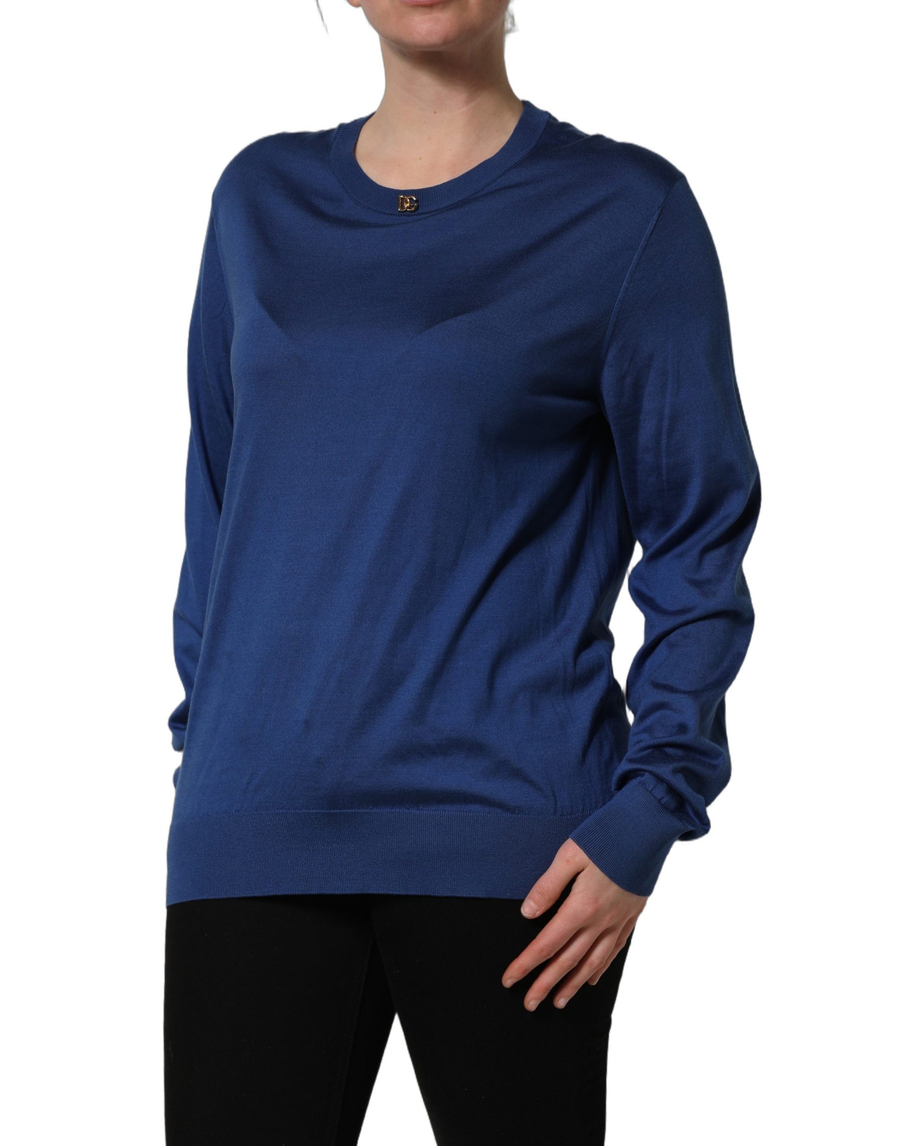 Dolce & Gabbana Blue Silk DG Logo Crew Neck Pullover Sweater | Regal Royce
