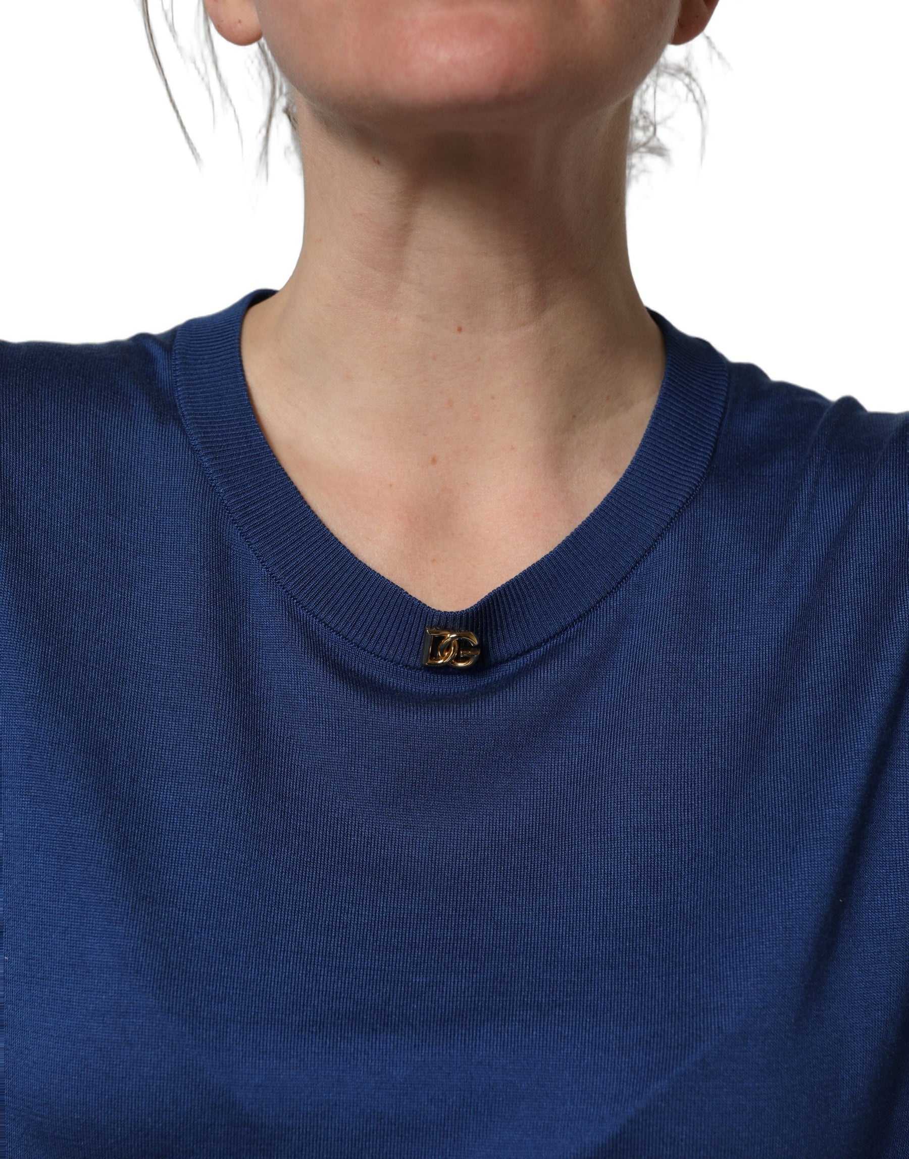 Dolce & Gabbana Blue Silk DG Logo Crew Neck Pullover Sweater | Regal Royce