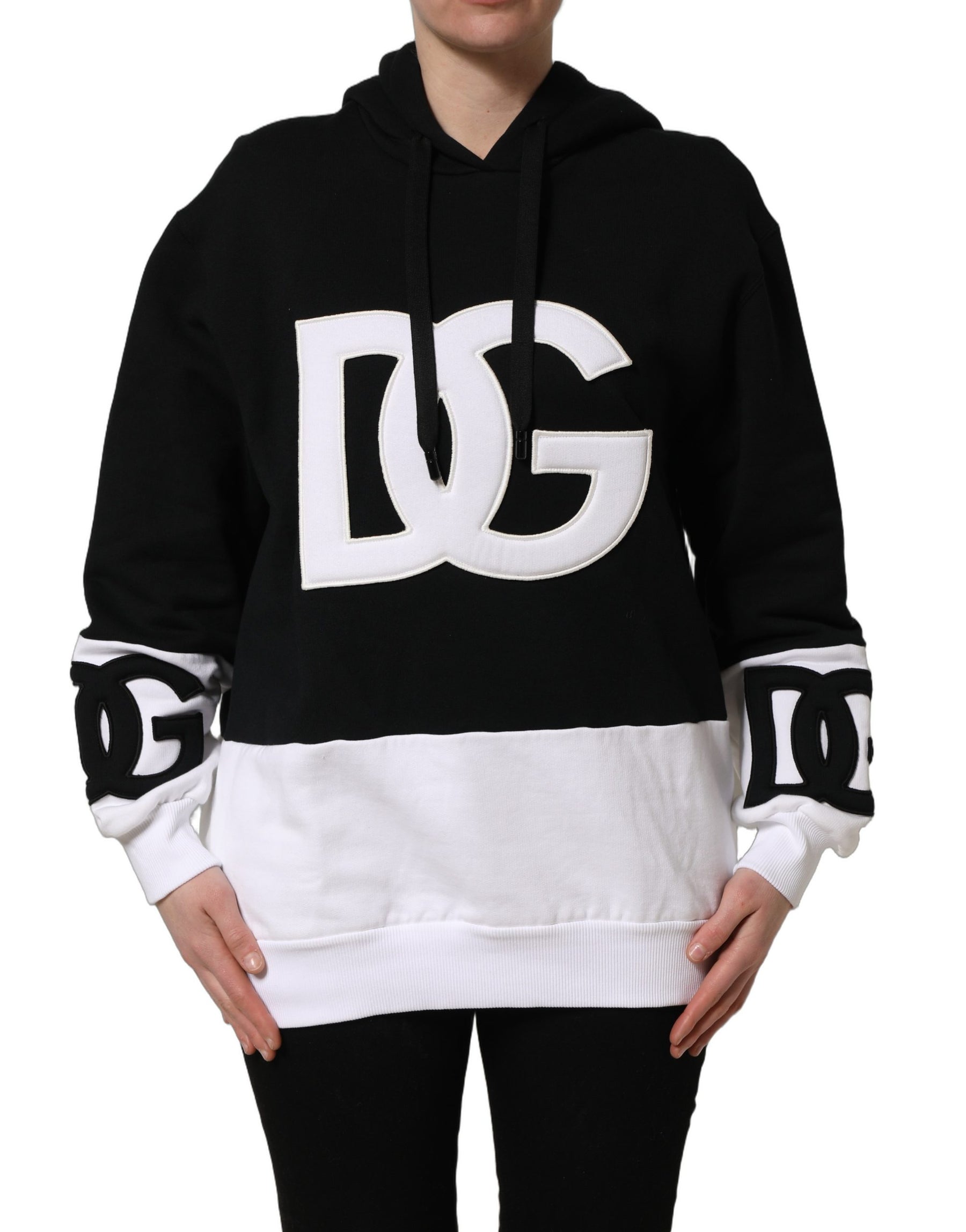 Dolce & Gabbana BlackWhite Appliqué Hooded Sweatshirt Sweater | Regal Royce