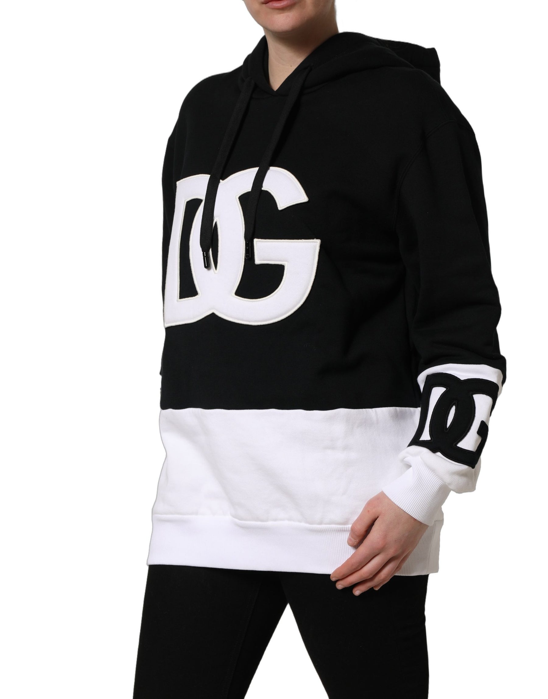 Dolce & Gabbana BlackWhite Appliqué Hooded Sweatshirt Sweater | Regal Royce