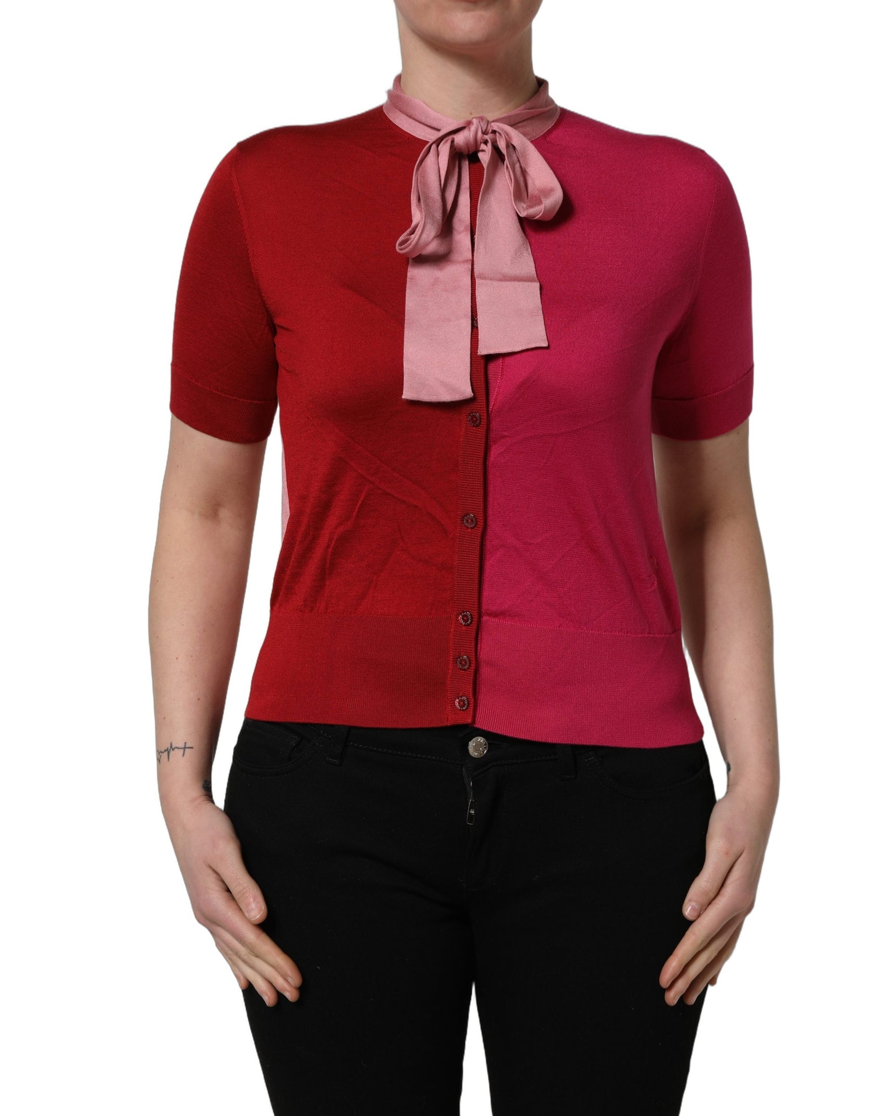 Dolce & Gabbana Pink Short Sleeves Buttoned Ascot Collar Top | Regal Royce