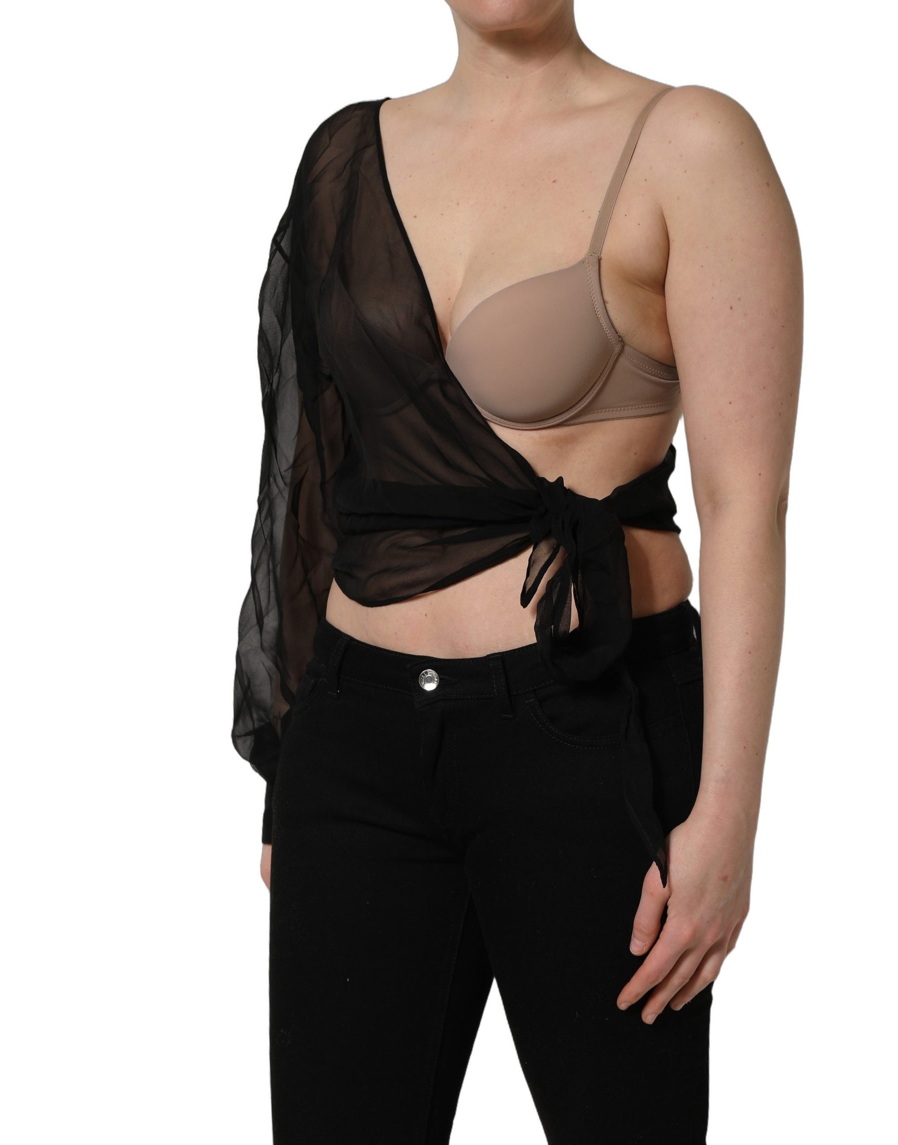 Dolce & Gabbana Black Wrap Sheer Chiffon One Shoulder Top | Regal Royce