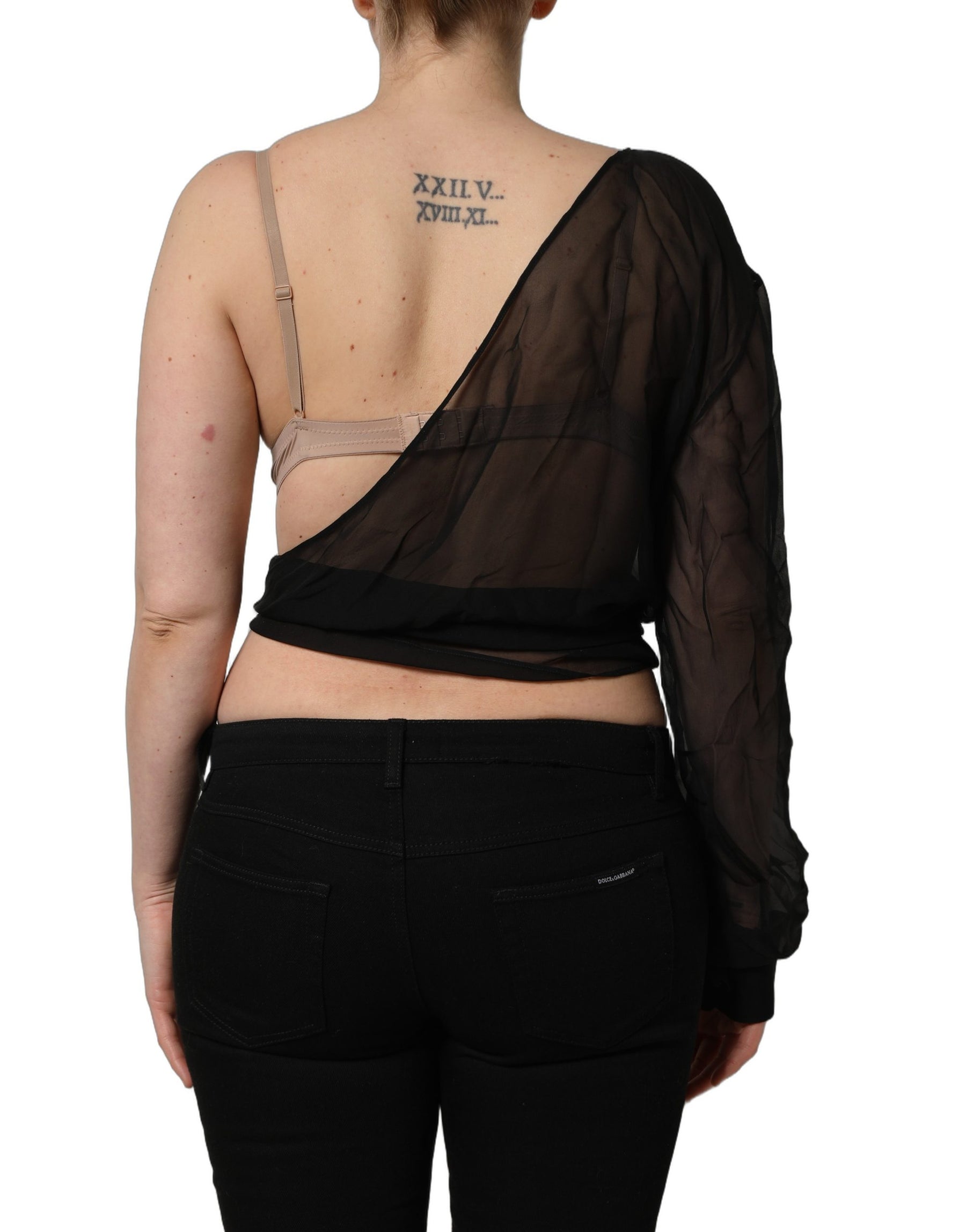 Dolce & Gabbana Black Wrap Sheer Chiffon One Shoulder Top | Regal Royce