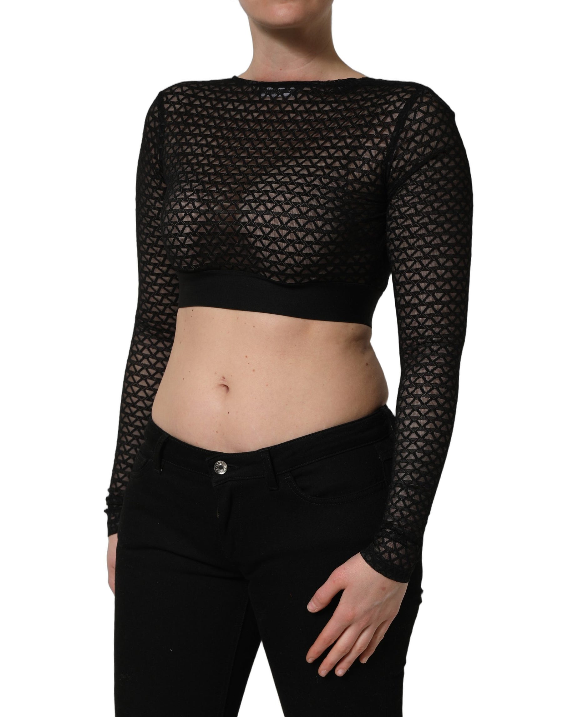 Dolce & Gabbana Black Nylon Fishnet Long Sleeve Cropped Top | Regal Royce