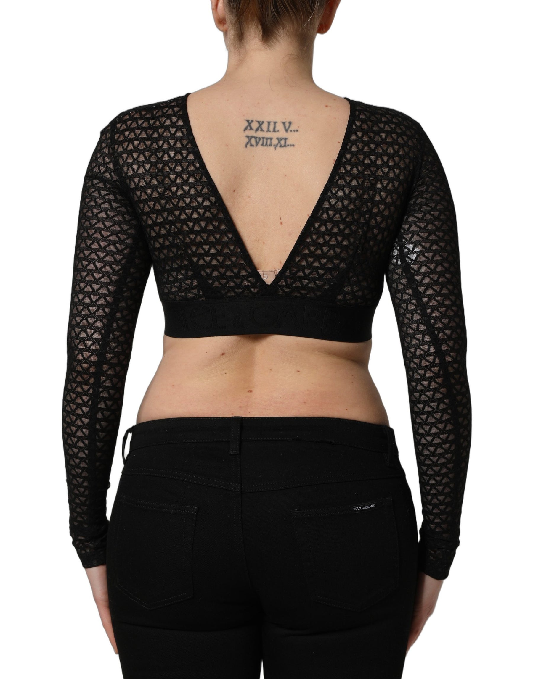Dolce & Gabbana Black Nylon Fishnet Long Sleeve Cropped Top | Regal Royce