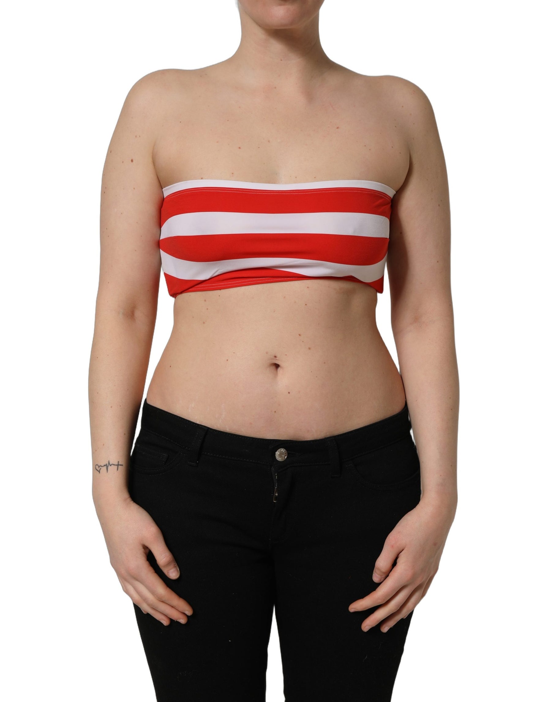 Dolce & Gabbana White Red Nylon Striped Ribbed Tube Crop Top | Regal Royce