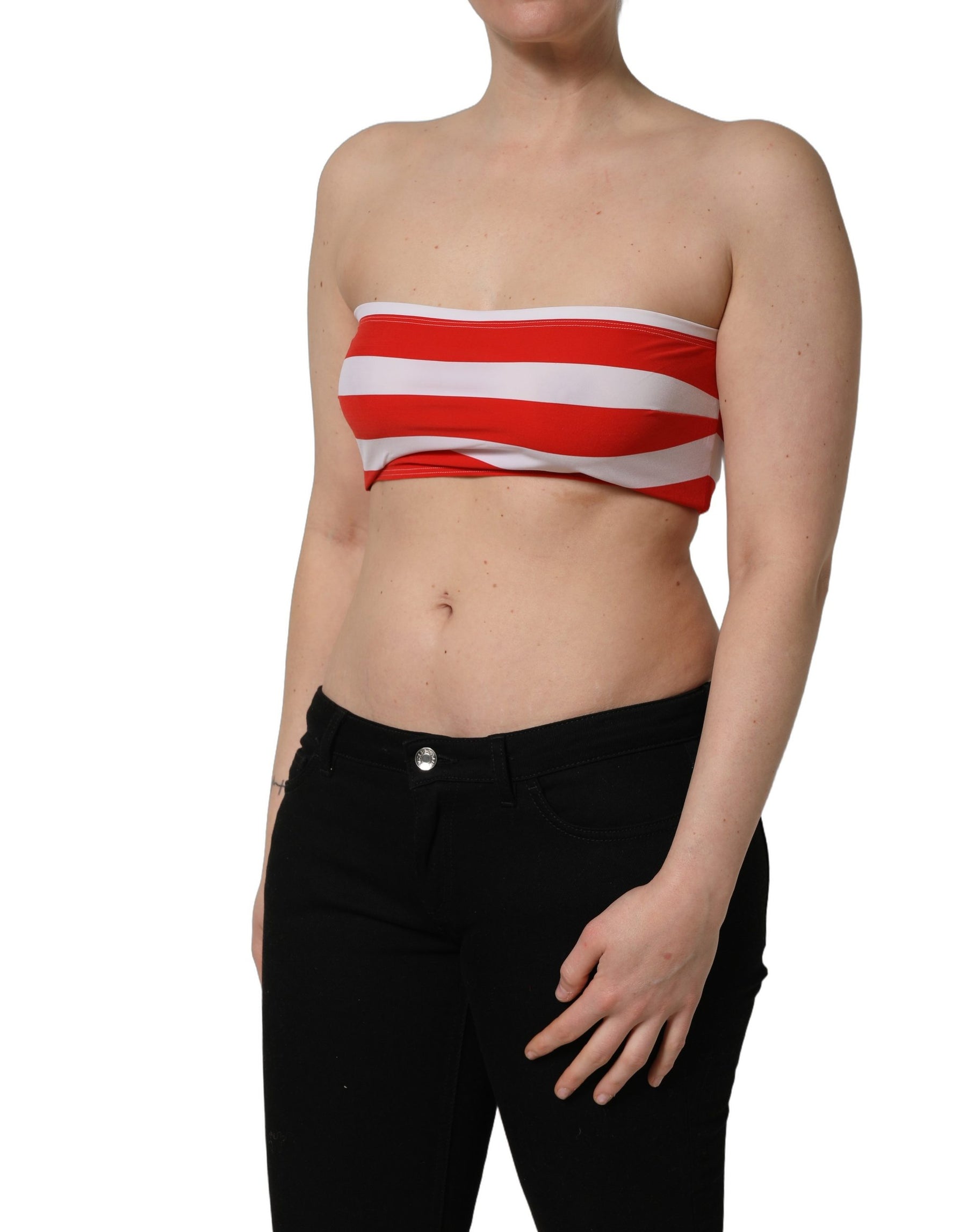 Dolce & Gabbana White Red Nylon Striped Ribbed Tube Crop Top | Regal Royce