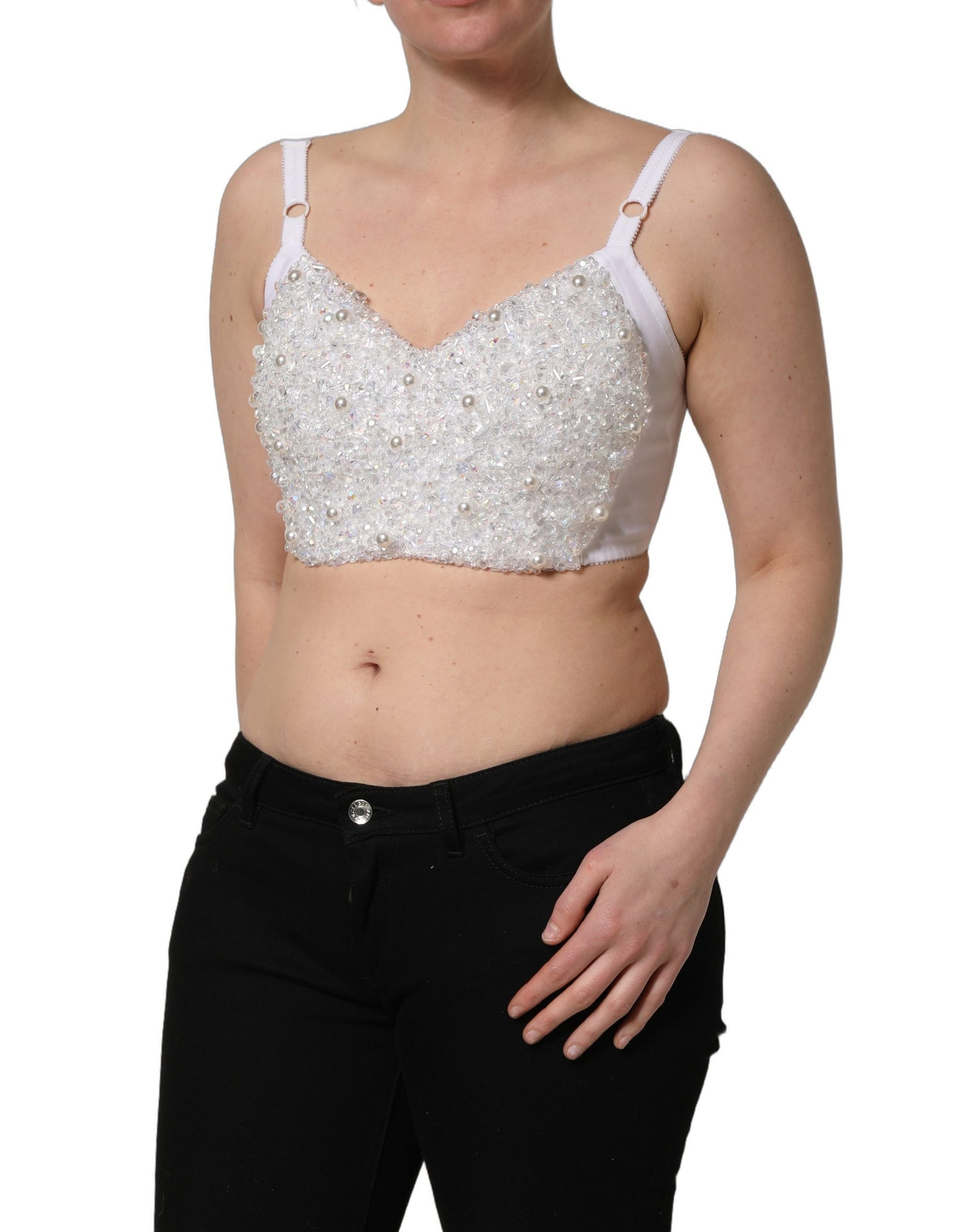 Dolce & Gabbana White Pearls Beaded Corset Bustier Crop Top | Regal Royce
