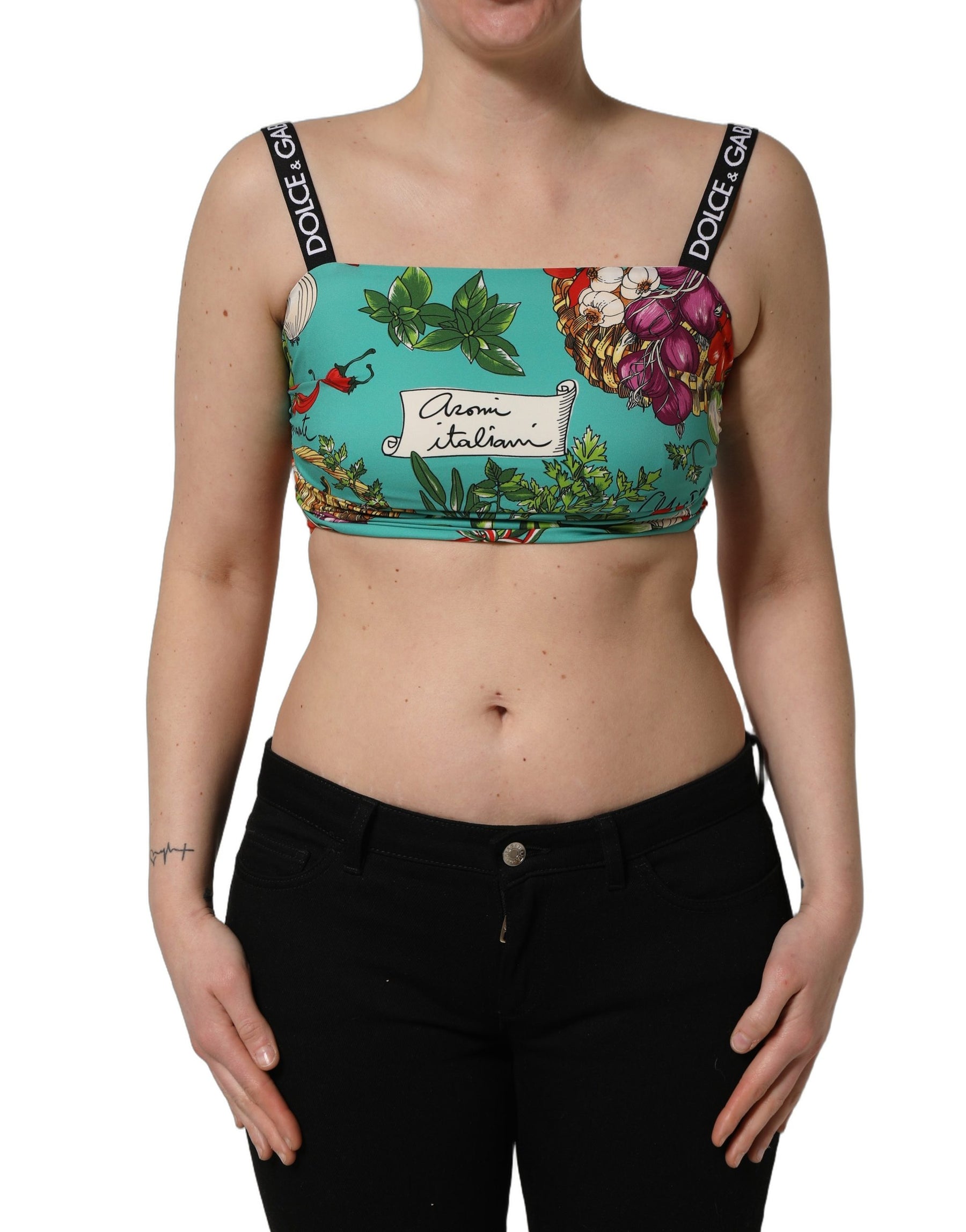Dolce & Gabbana Turquoise Vegetable Print Silk Crop Tank Top | Regal Royce