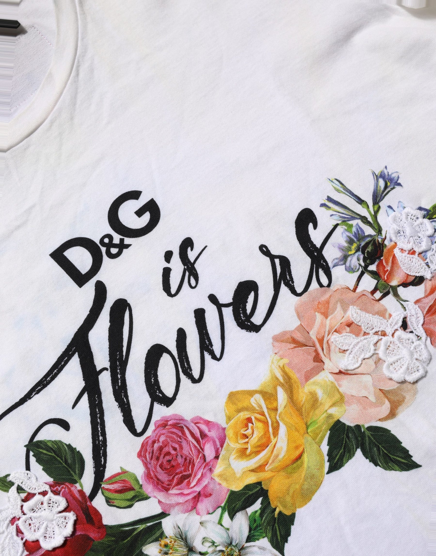 Dolce & Gabbana White D&G is Flowers Print Round Neck T-shirt | Regal Royce