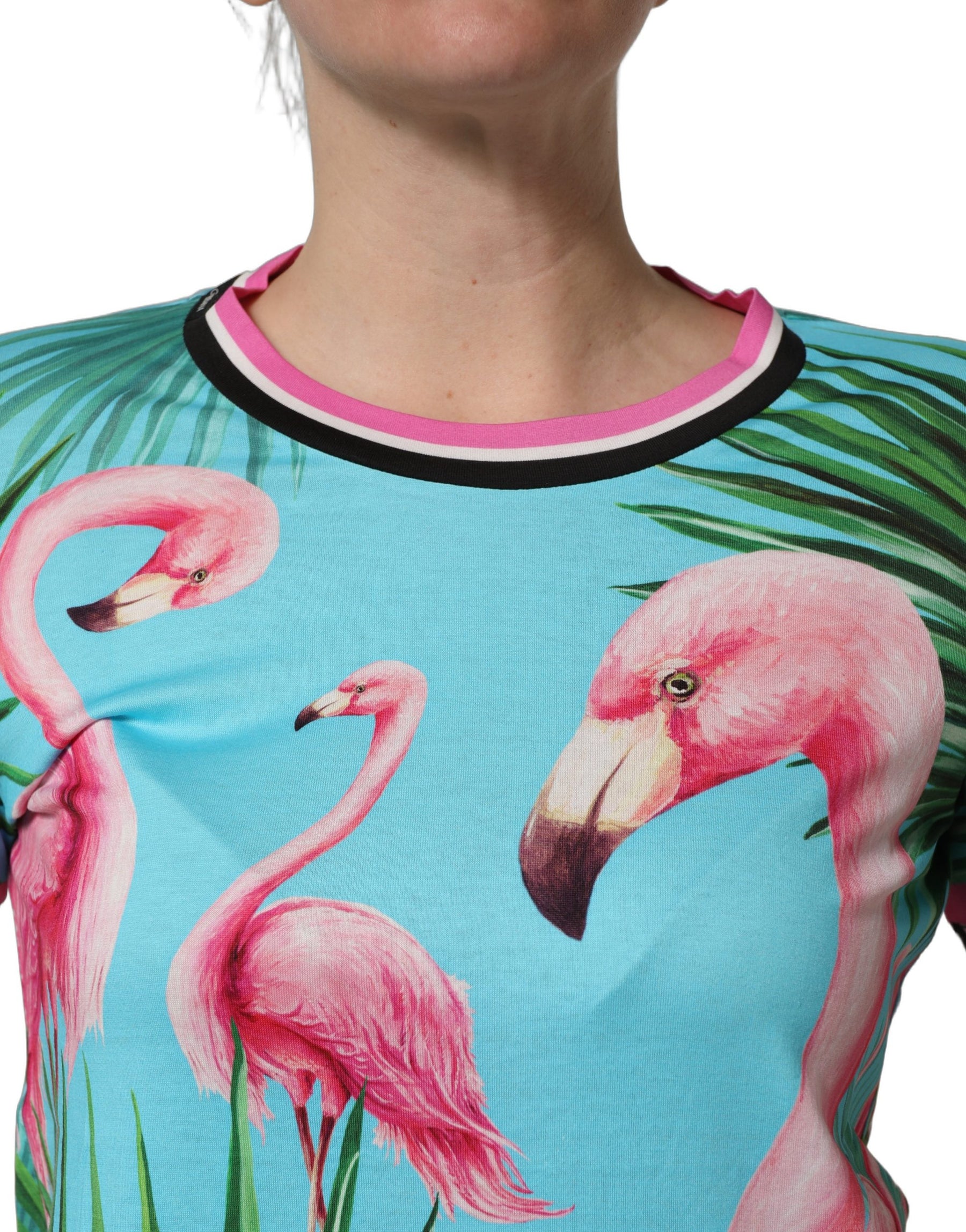 Dolce & Gabbana Multicolor Flamingo ZebraStriped Trim T-shirt | Regal Royce