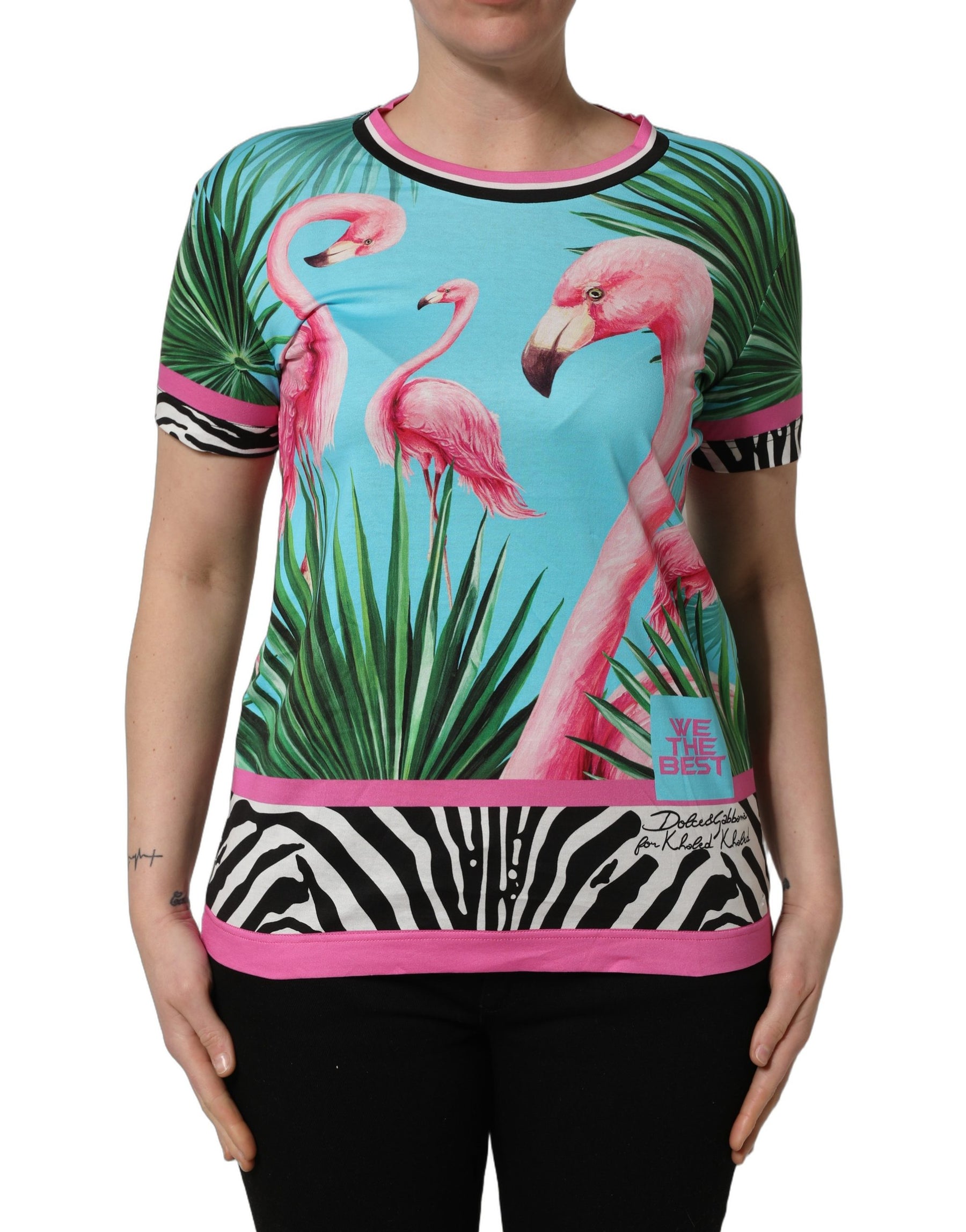 Dolce & Gabbana Multicolor Flamingo ZebraStriped Trim T-shirt | Regal Royce