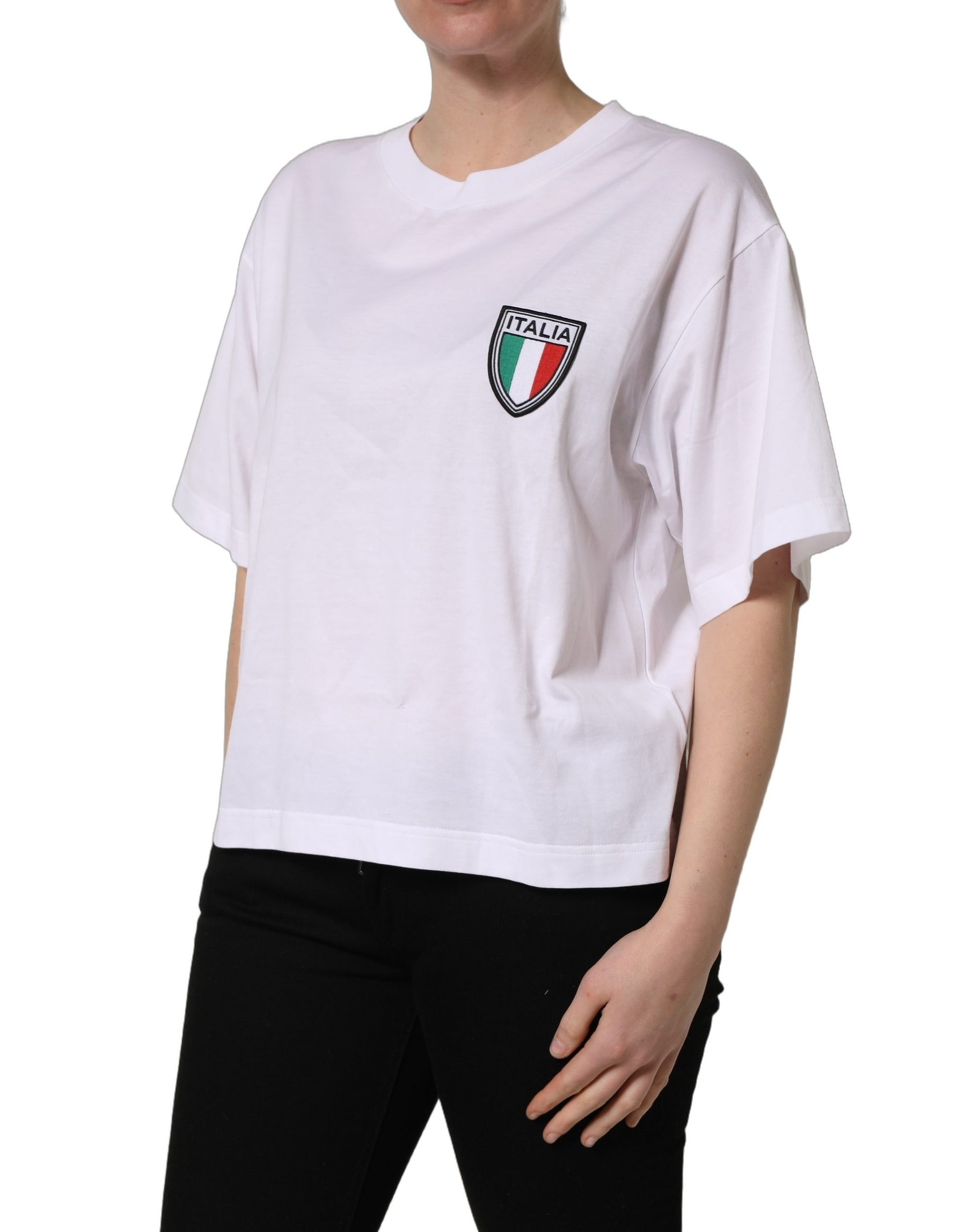 Dolce & Gabbana White Italia Flag Patch Round Neck T-shirt | Regal Royce
