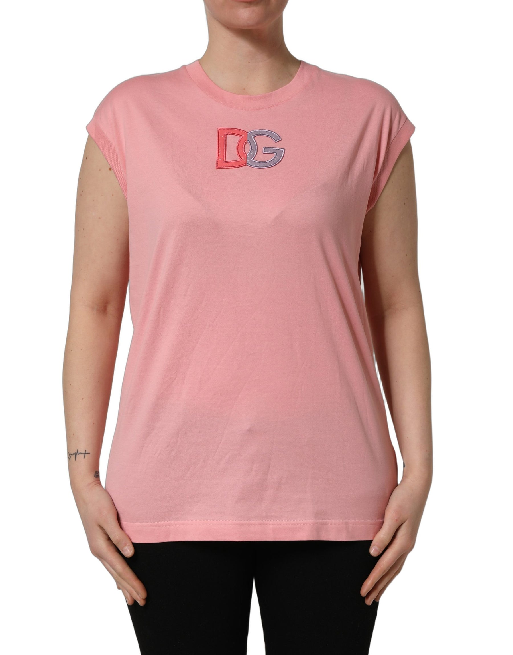 Dolce & Gabbana Pink Cotton DG Logo Round Neck Tank T-shirt | Regal Royce