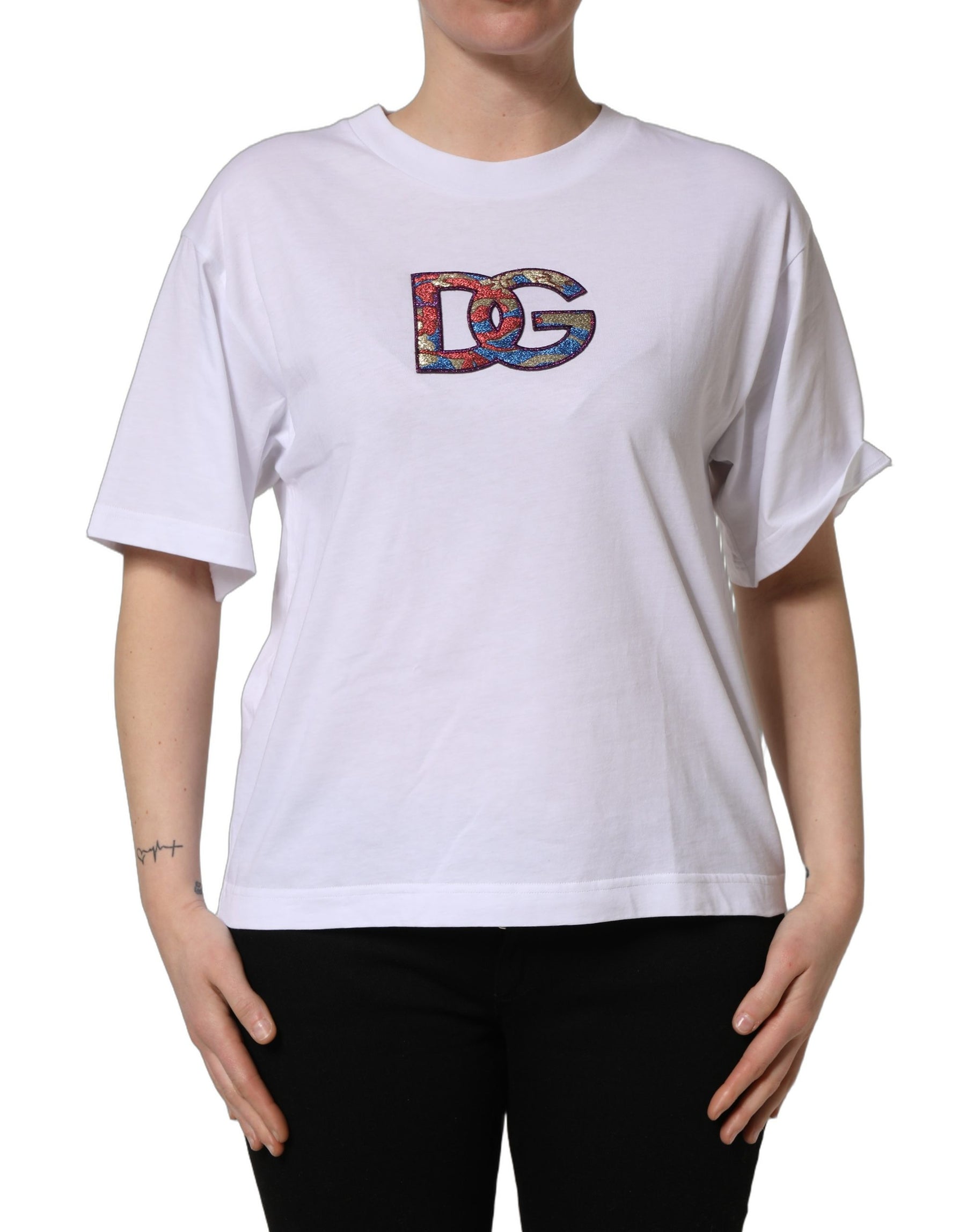 Dolce & Gabbana White Cotton DG Logo Patch Crew Neck T-shirt | Regal Royce