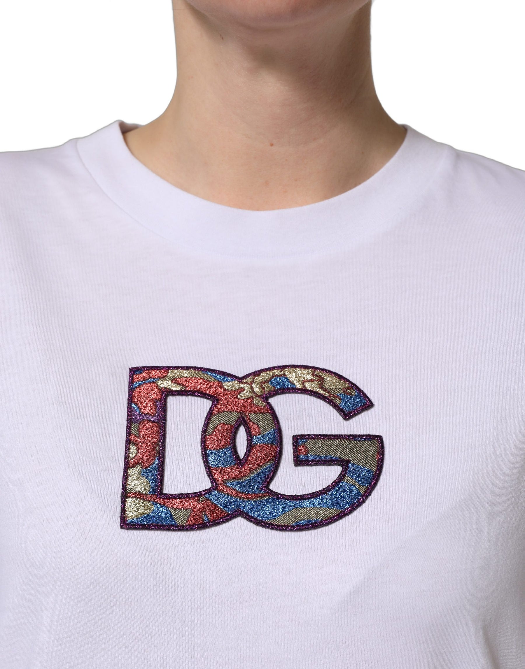 Dolce & Gabbana White Cotton DG Logo Patch Crew Neck T-shirt | Regal Royce