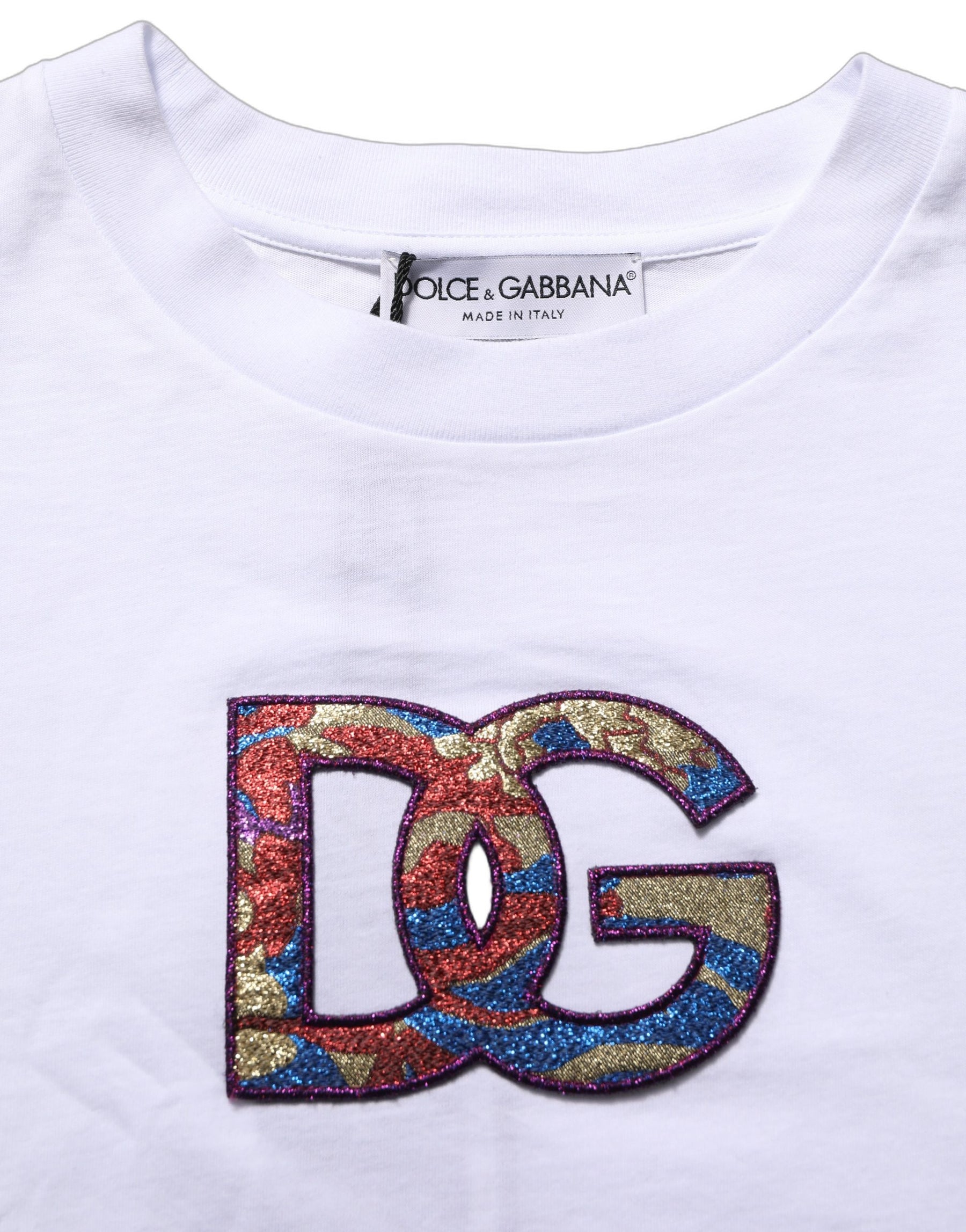 Dolce & Gabbana White Cotton DG Logo Patch Crew Neck T-shirt | Regal Royce