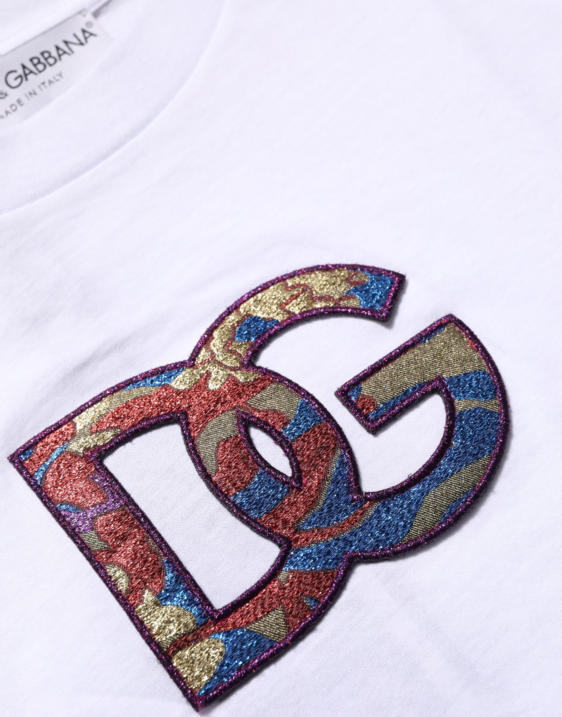 Dolce & Gabbana White Cotton DG Logo Patch Crew Neck T-shirt | Regal Royce