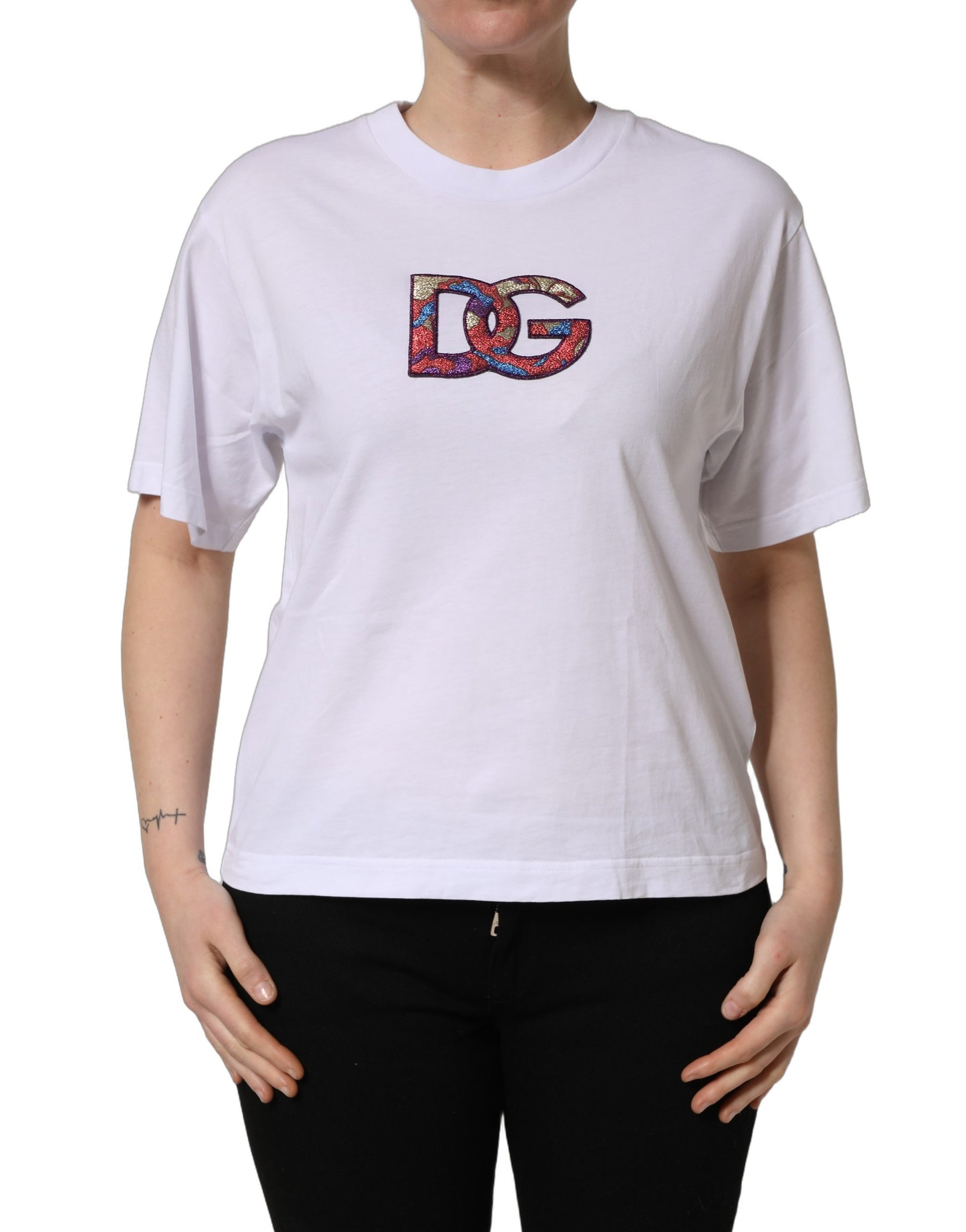 Dolce & Gabbana White Cotton DG Logo Patch Crew Neck T-shirt | Regal Royce