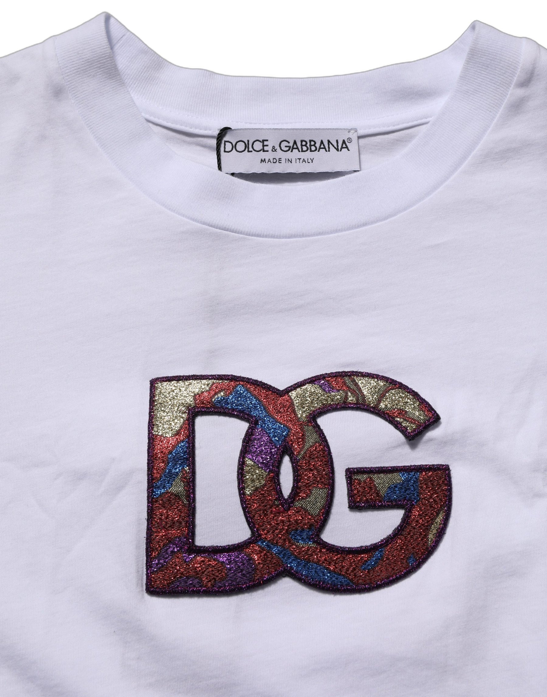 Dolce & Gabbana White Cotton DG Logo Patch Crew Neck T-shirt | Regal Royce