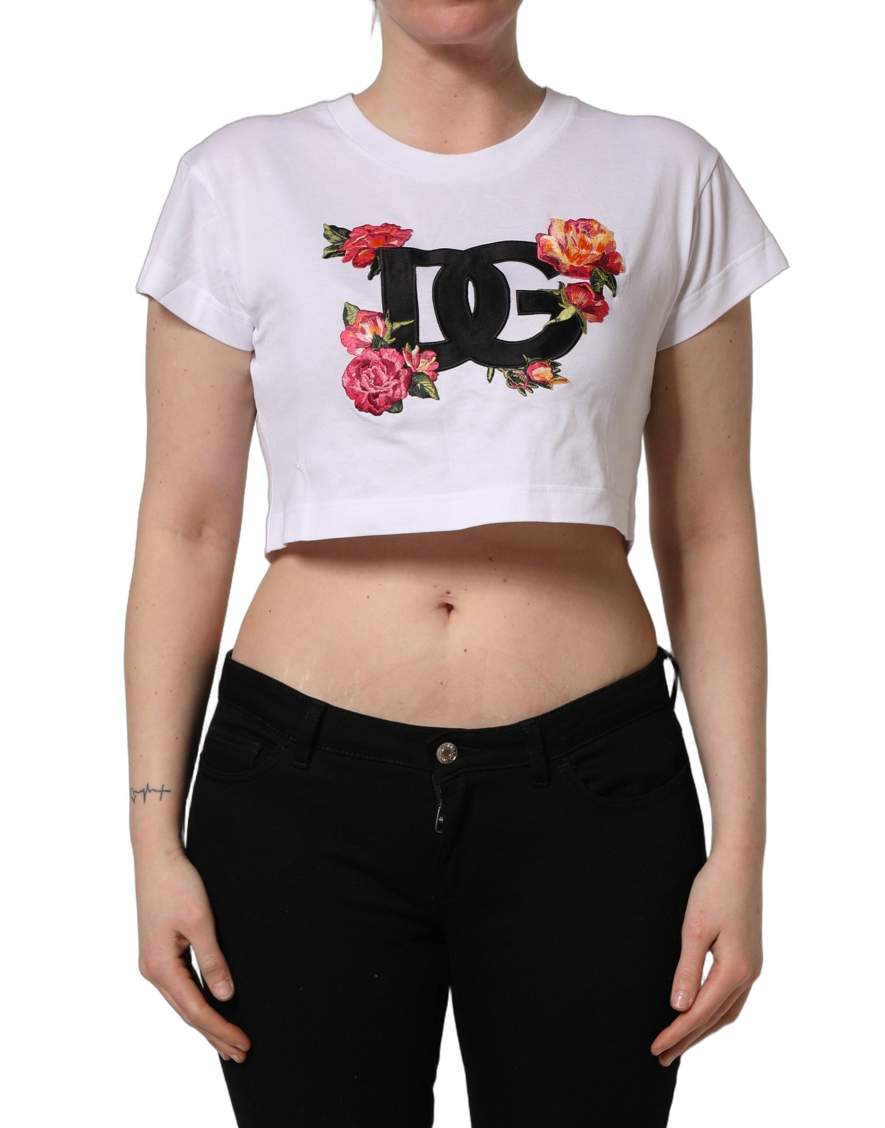 Dolce & Gabbana White DG Floral Cotton Jersey Crop T-shirt | Regal Royce