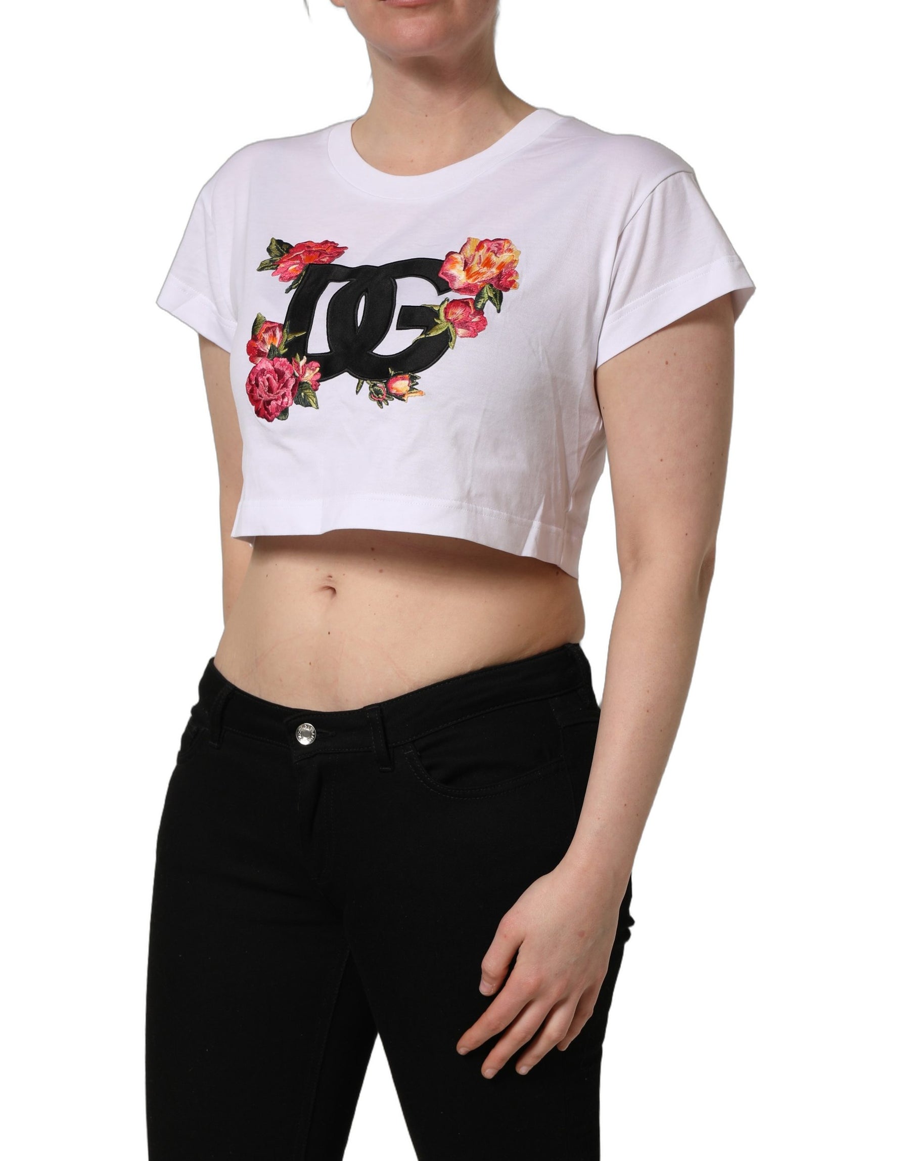 Dolce & Gabbana White DG Floral Cotton Jersey Crop T-shirt | Regal Royce