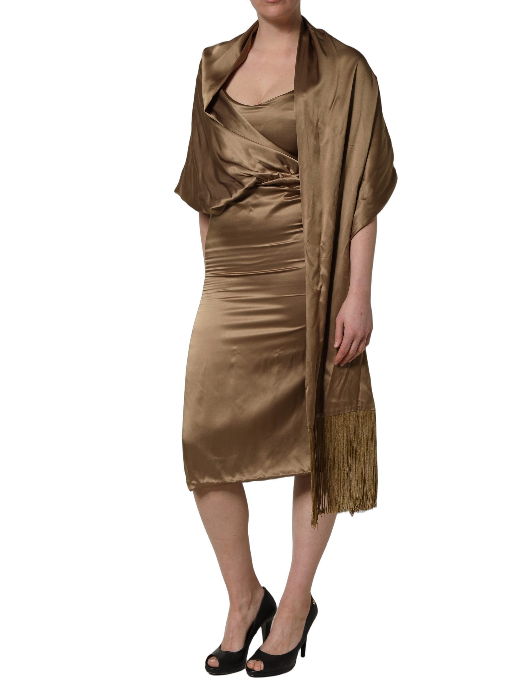 Dodo Bar Or Bronze Toned Satin Fringe Hemmed Shawl Midi Dress | Regal Royce