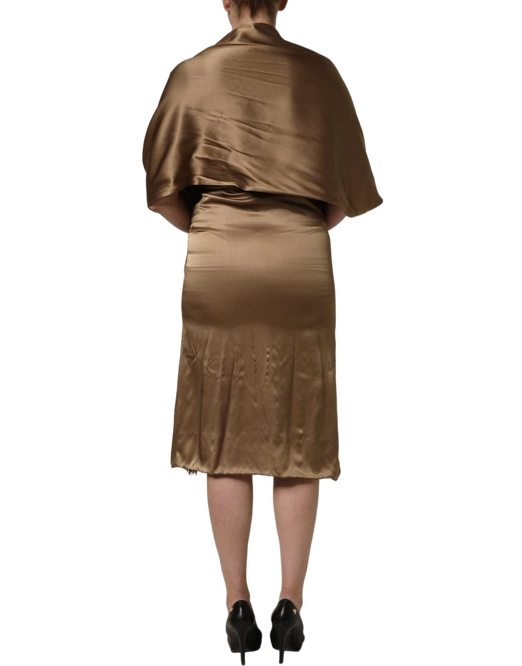 Dodo Bar Or Bronze Toned Satin Fringe Hemmed Shawl Midi Dress | Regal Royce