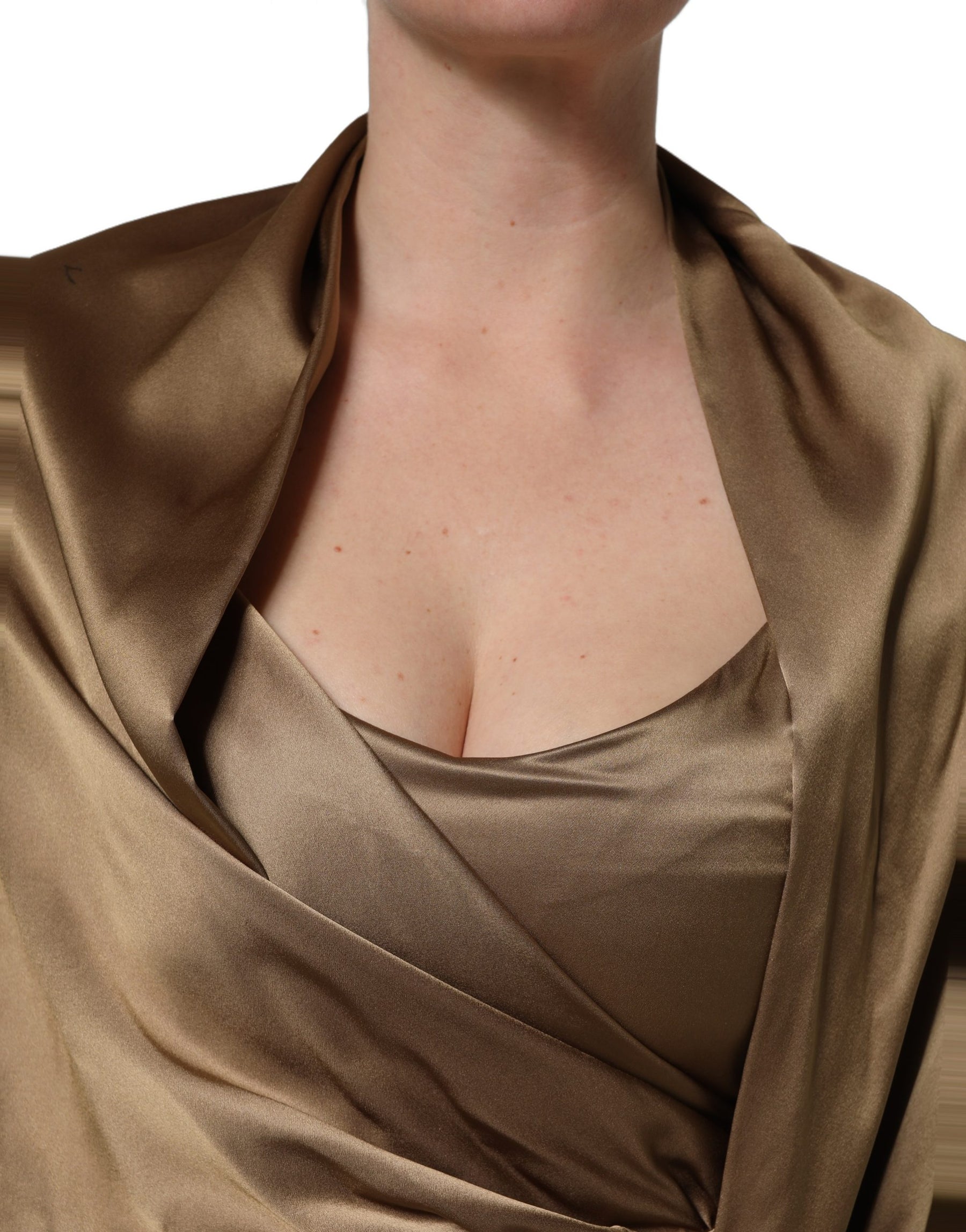 Dodo Bar Or Bronze Toned Satin Fringe Hemmed Shawl Midi Dress | Regal Royce