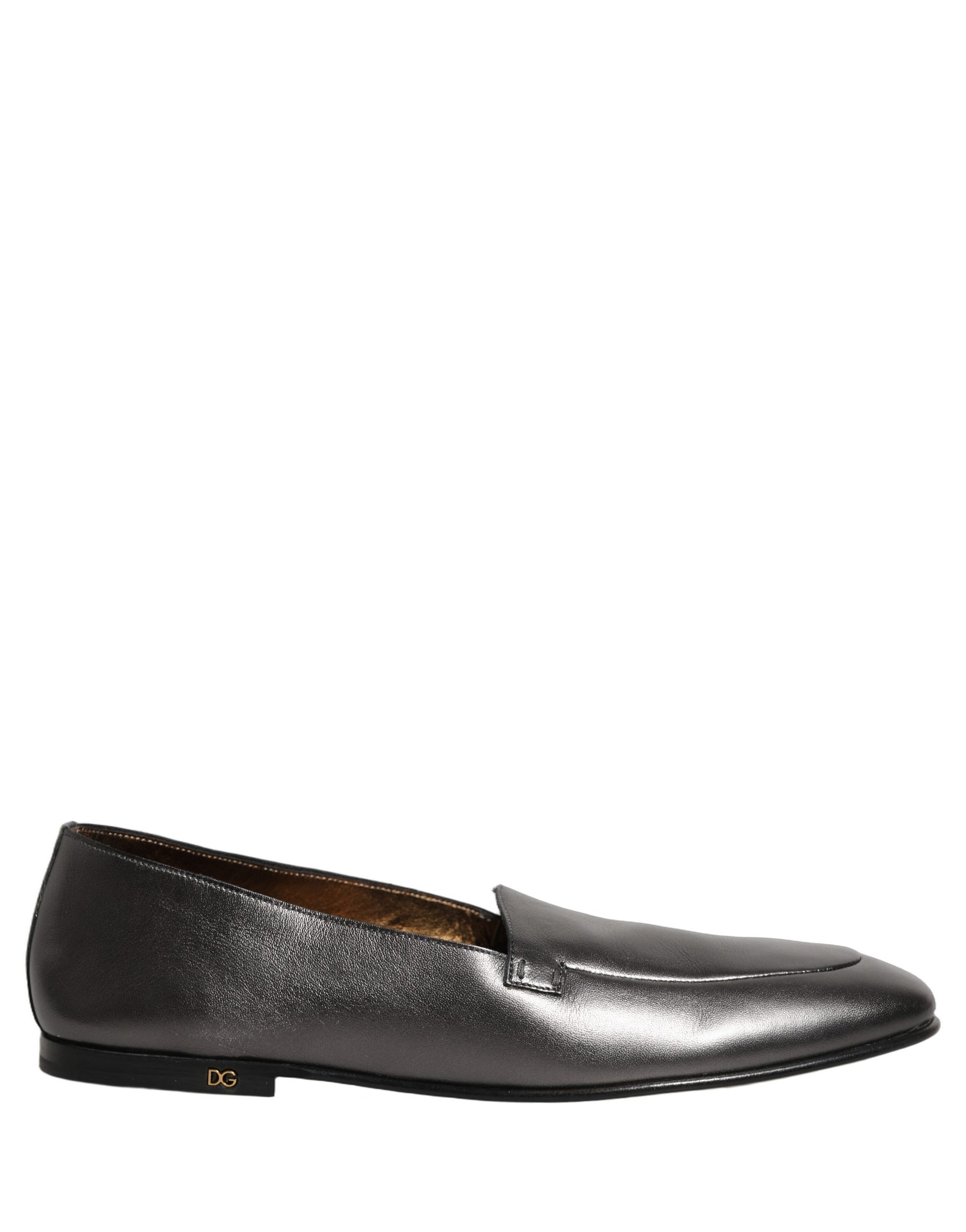 Dolce & Gabbana Silver Leather DG Logo Slip On Loafers Shoes | Regal Royce