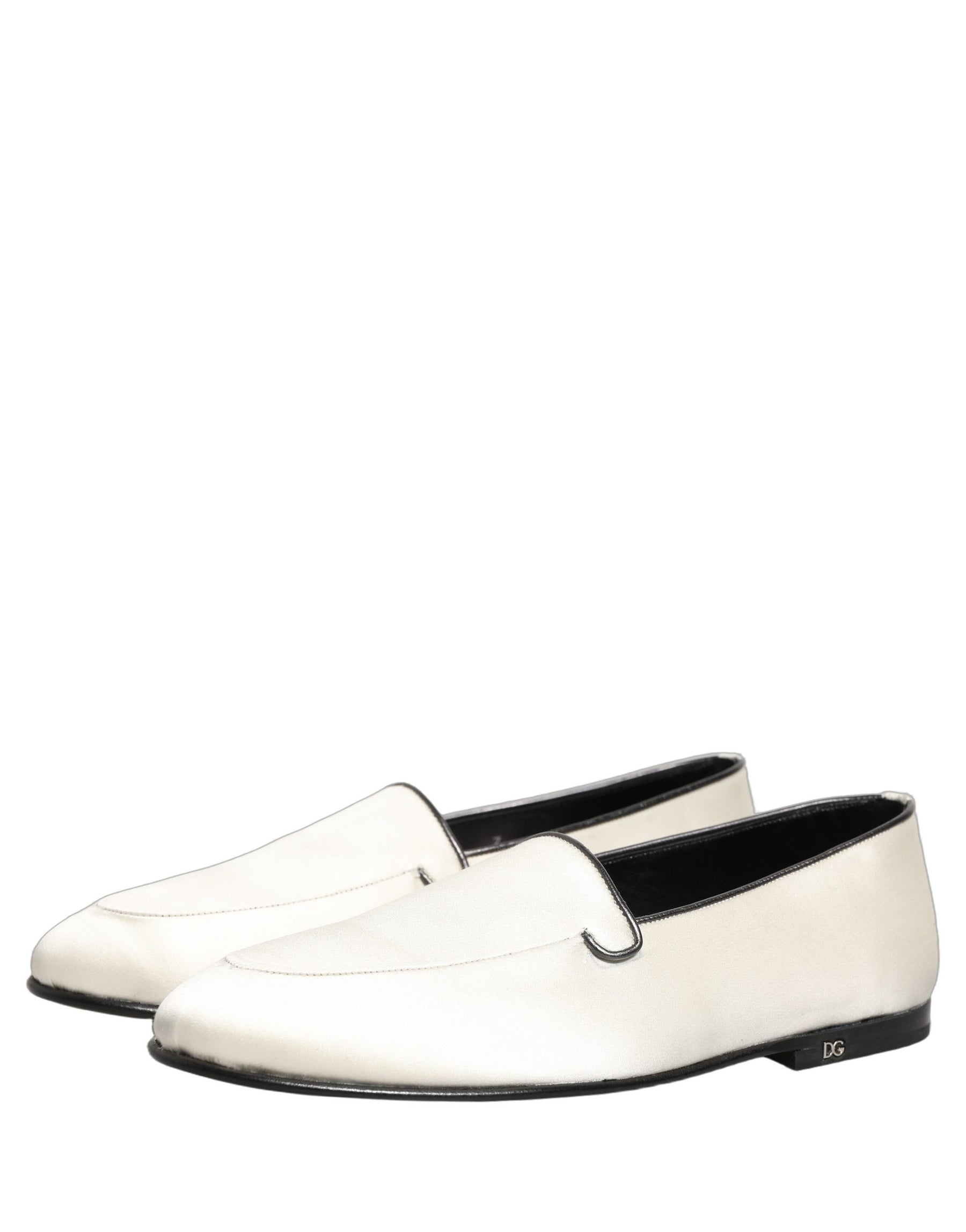 Dolce & Gabbana White Satin Logo Slip On Flats Loafers Shoes | Regal Royce