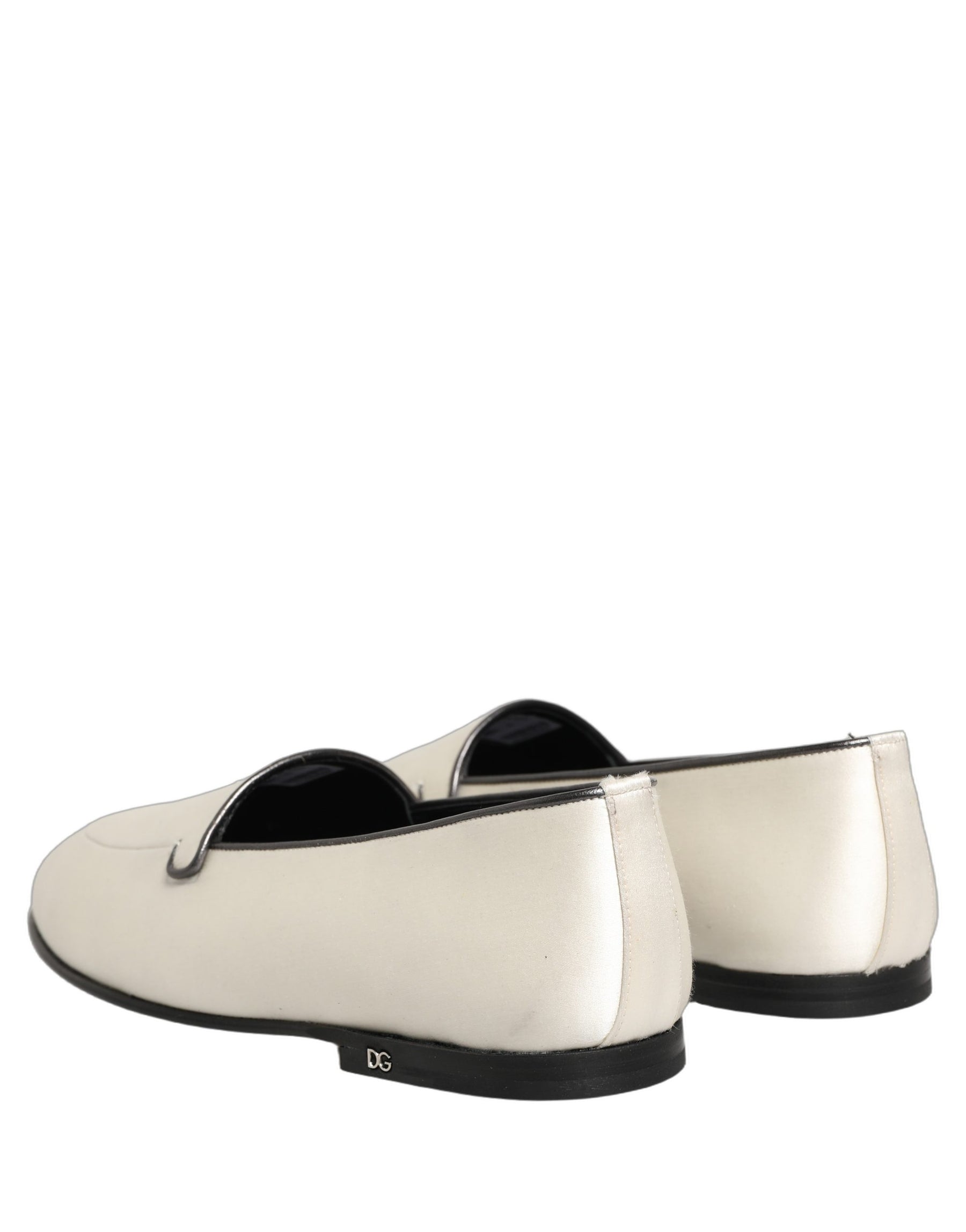 Dolce & Gabbana White Satin Logo Slip On Flats Loafers Shoes | Regal Royce
