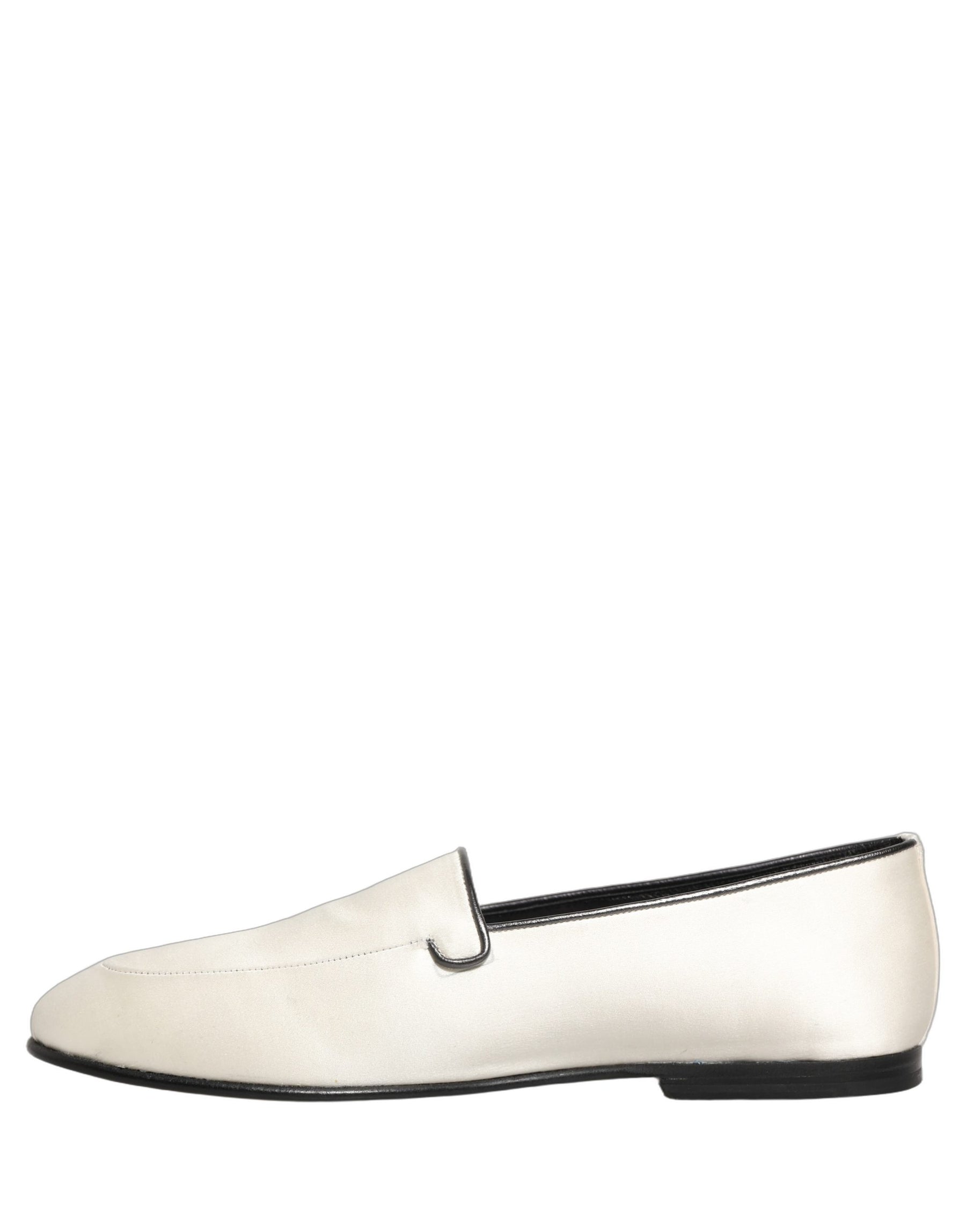 Dolce & Gabbana White Satin Logo Slip On Flats Loafers Shoes | Regal Royce