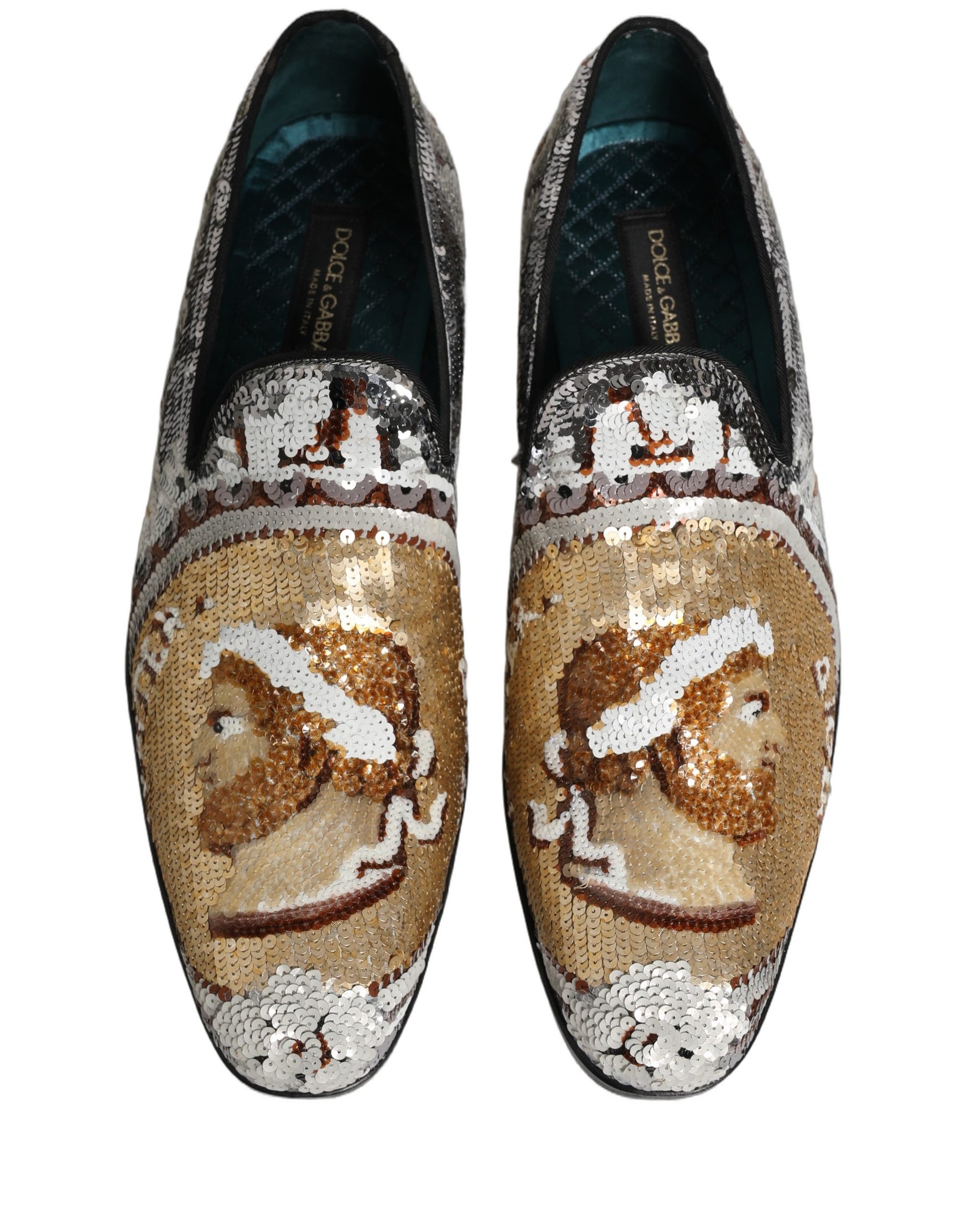 Dolce & Gabbana White Gold Sequined Slip On Loafers Shoes | Regal Royce
