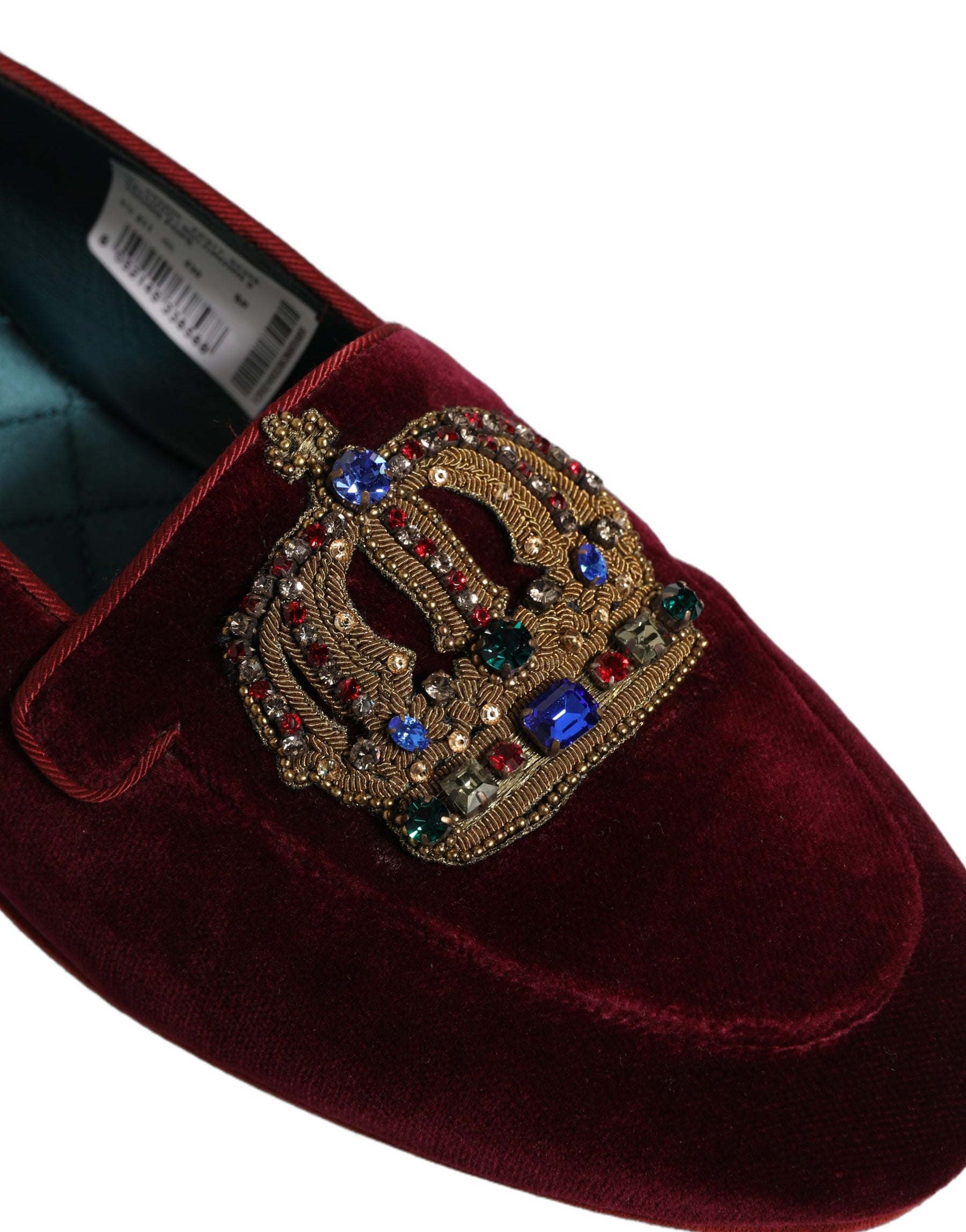 Dolce & Gabbana Burgundy Velvet Crown Slip On Loafers Shoes | Regal Royce