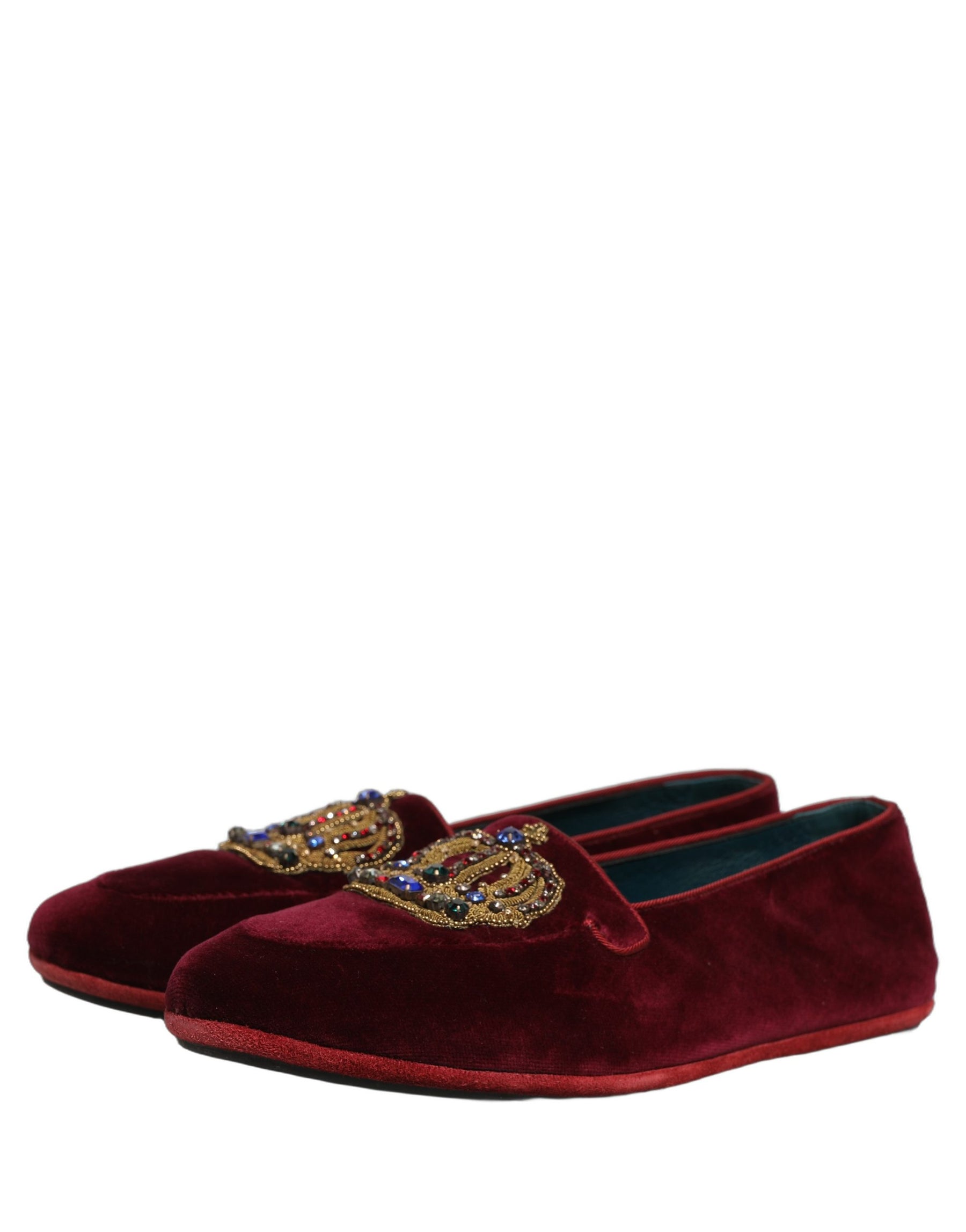 Dolce & Gabbana Burgundy Velvet Crown Slip On Loafers Shoes | Regal Royce