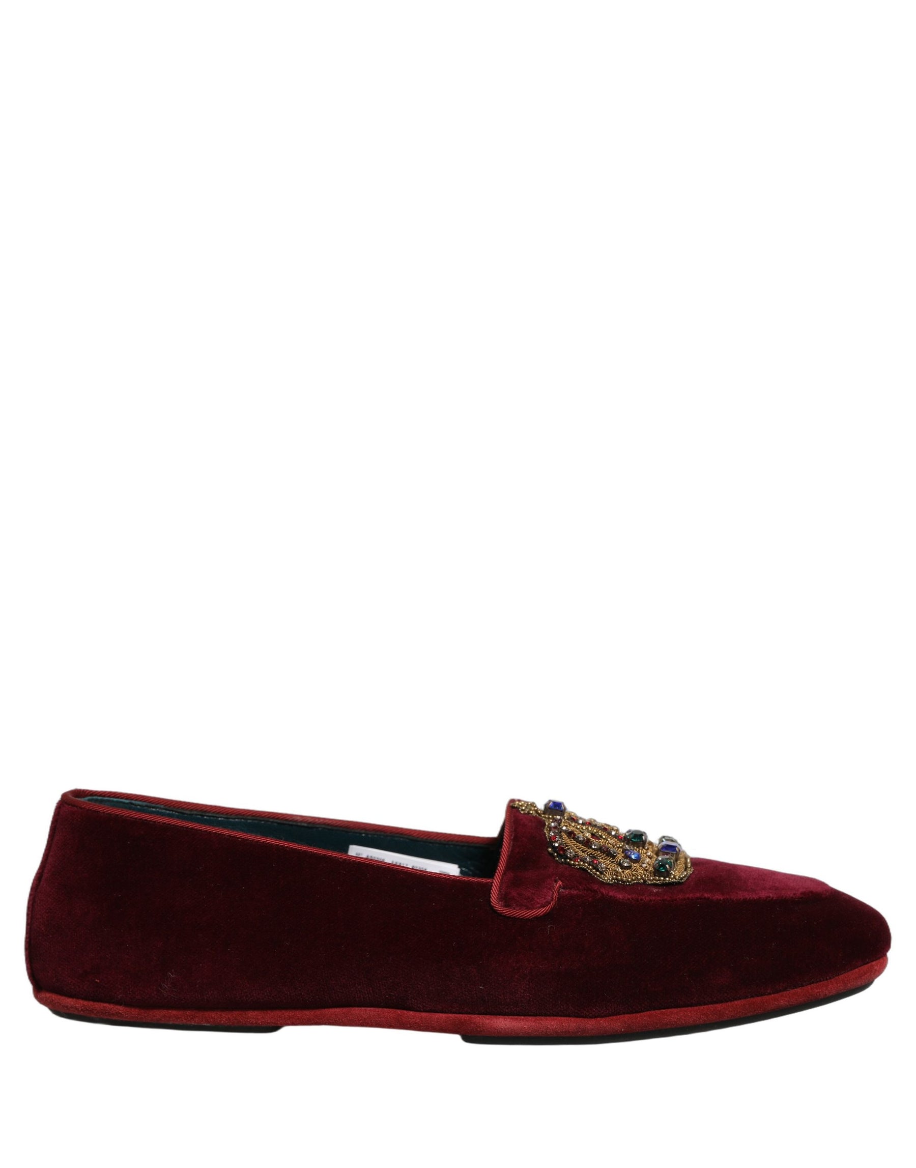 Dolce & Gabbana Burgundy Velvet Crown Slip On Loafers Shoes | Regal Royce