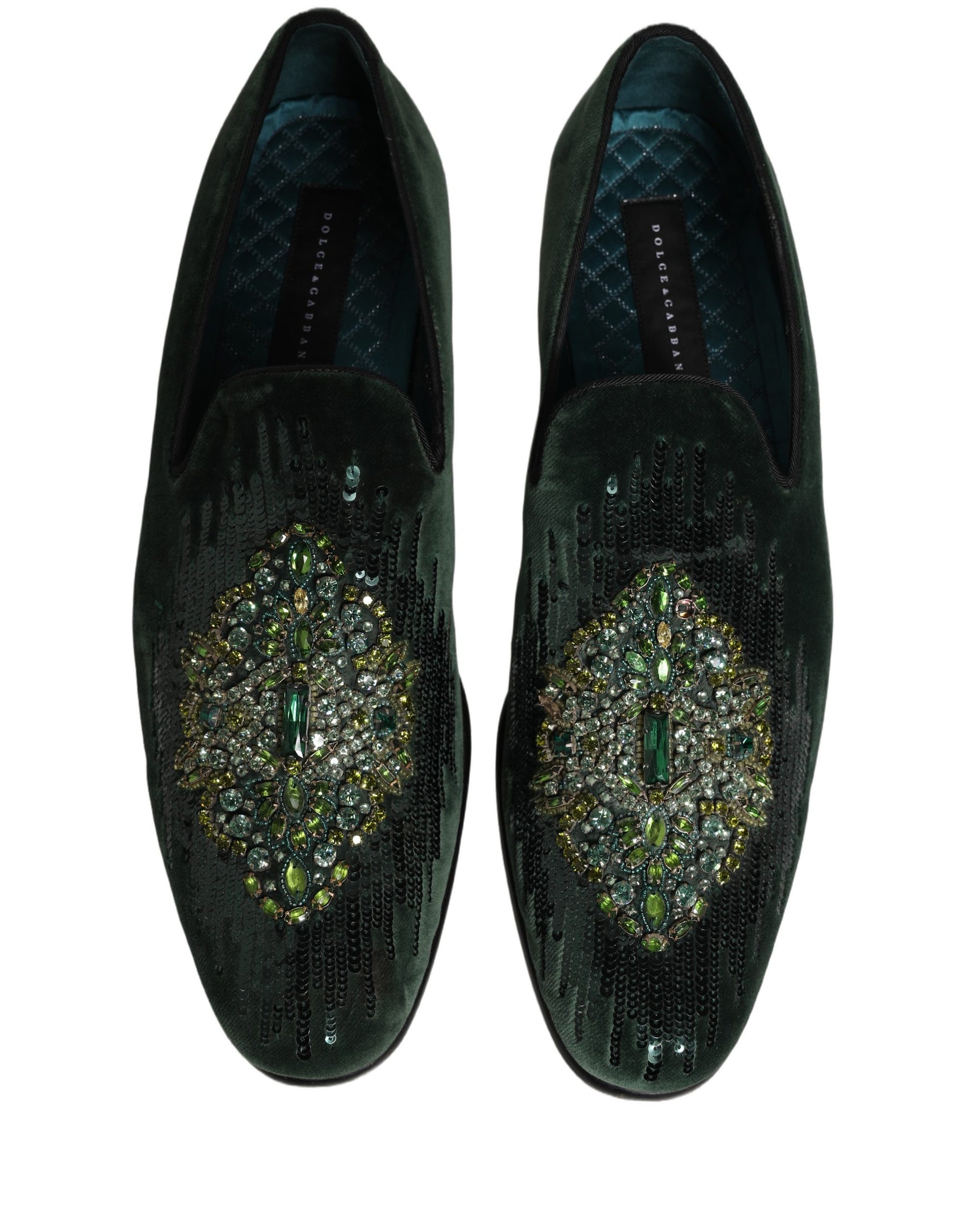 Dolce & Gabbana Green Velvet Embellished Dress Loafers Shoes | Regal Royce