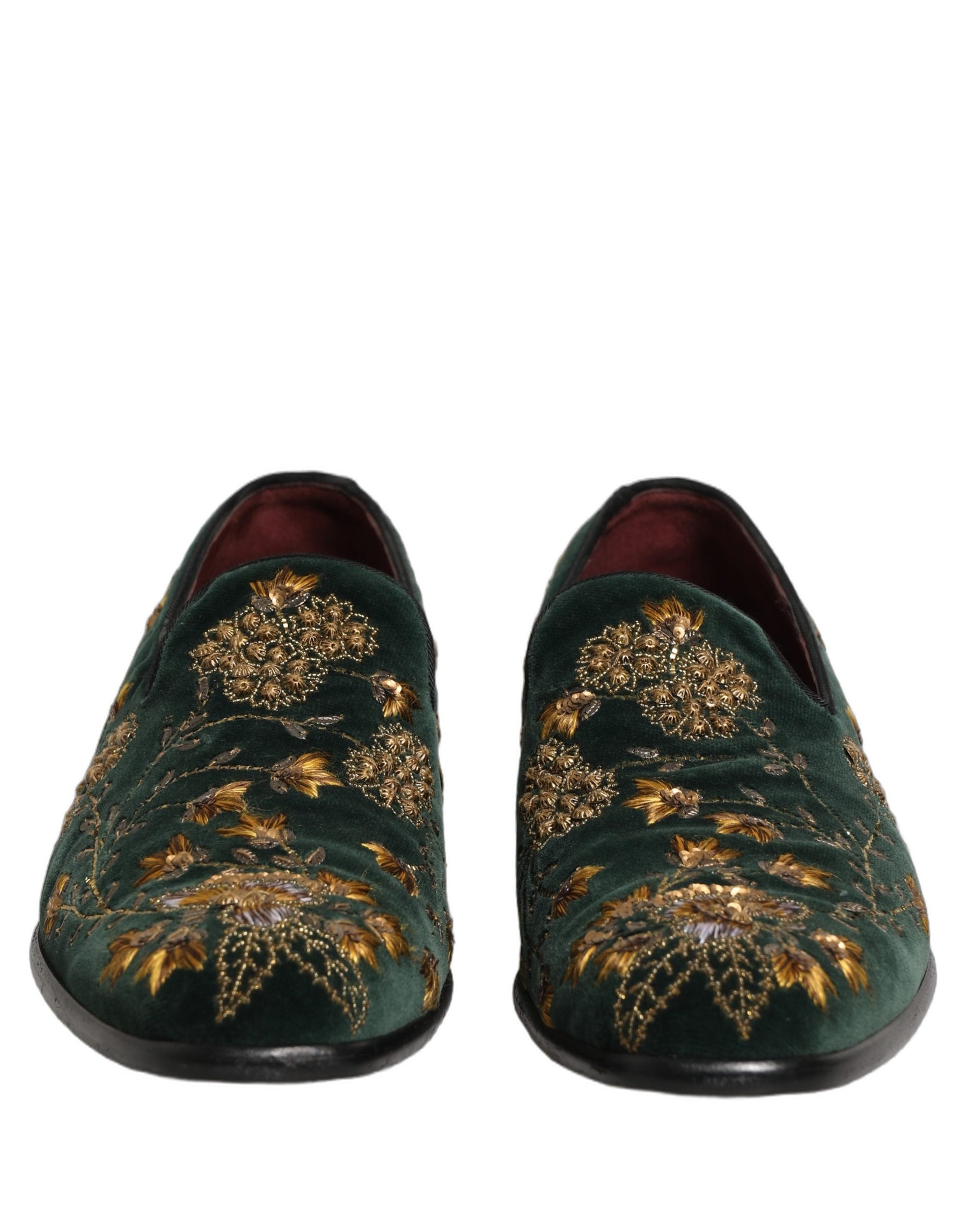 Dolce & Gabbana Green Floral Embroidery Dress Loafers Shoes | Regal Royce